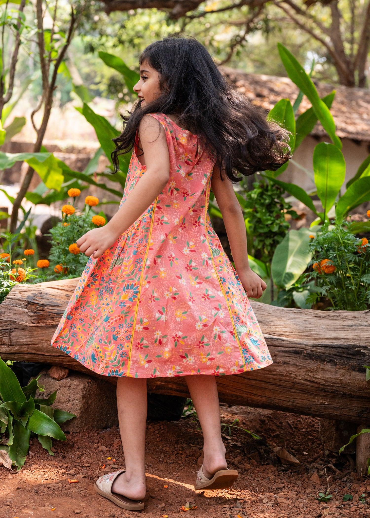 Peach Cotton Panelled Dress Girls (6 Months -12 Yrs) Ratan Texprocess Pvt. Ltd