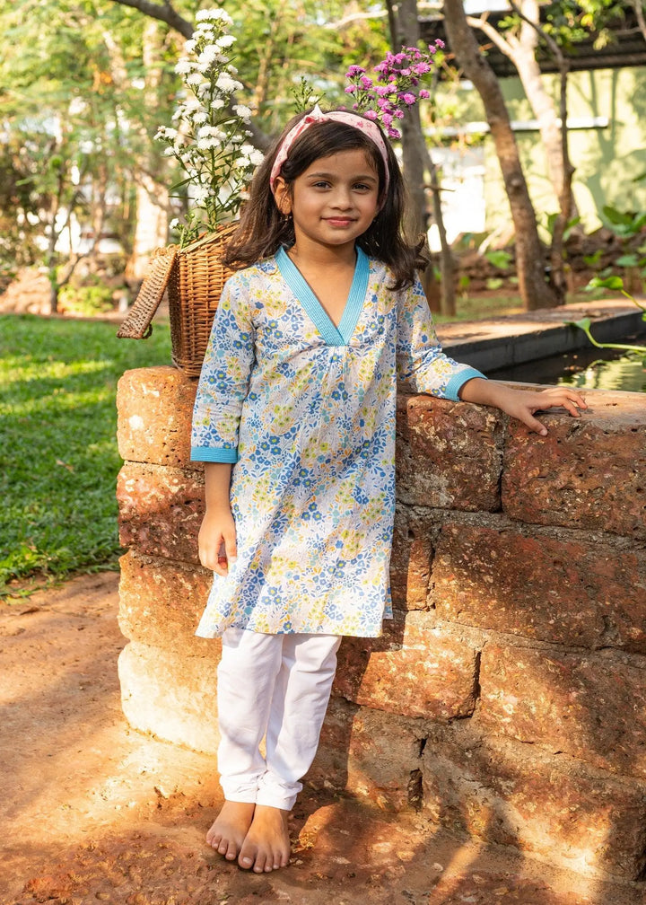 Flower Bed Blue Cotton V- Neck Kurta Girls (2-12 Yrs)