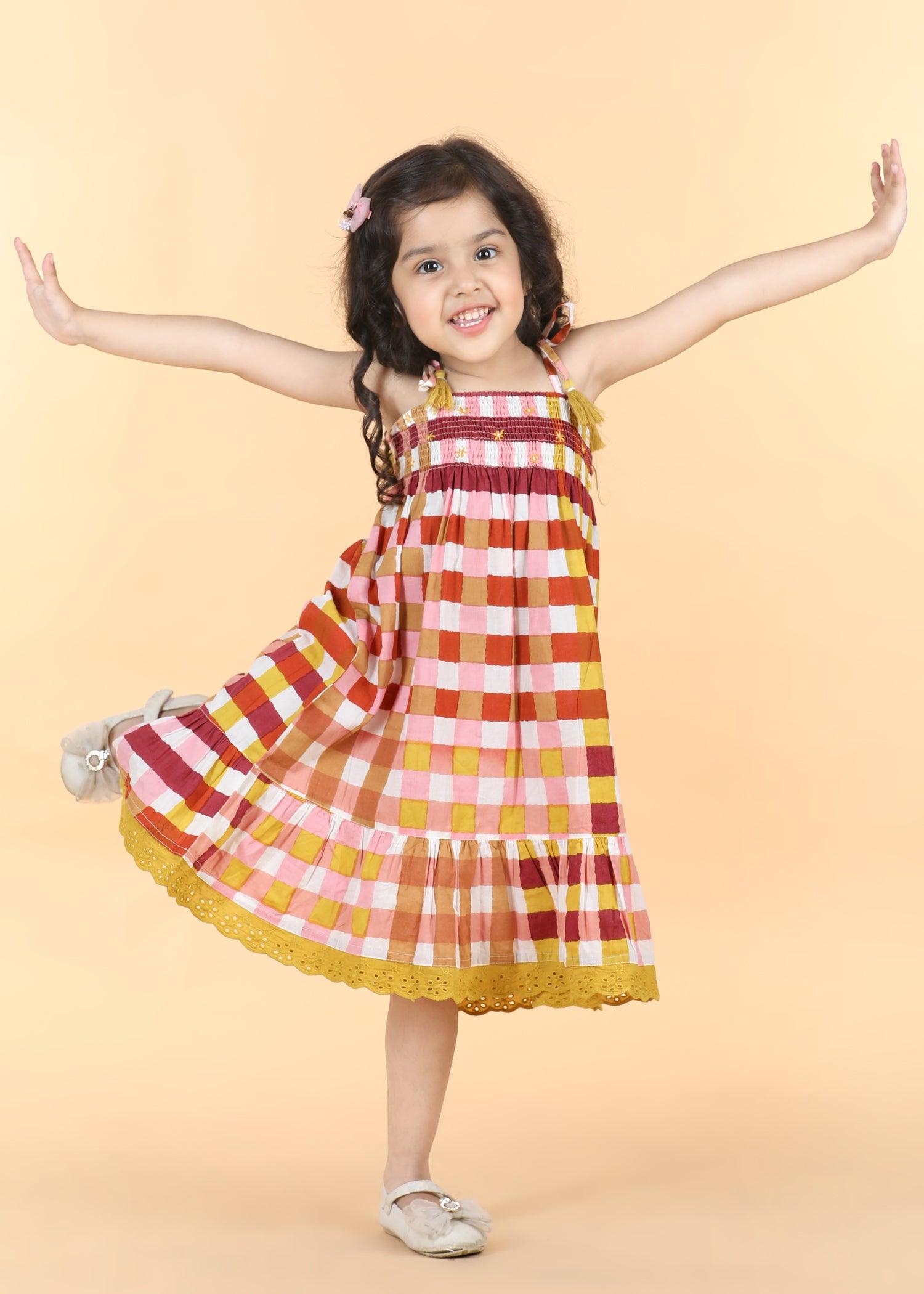 Gingham Mocha Cotton Sunflower Dress Girls (6 Months -12 Yrs) Ratan Texprocess Pvt. Ltd