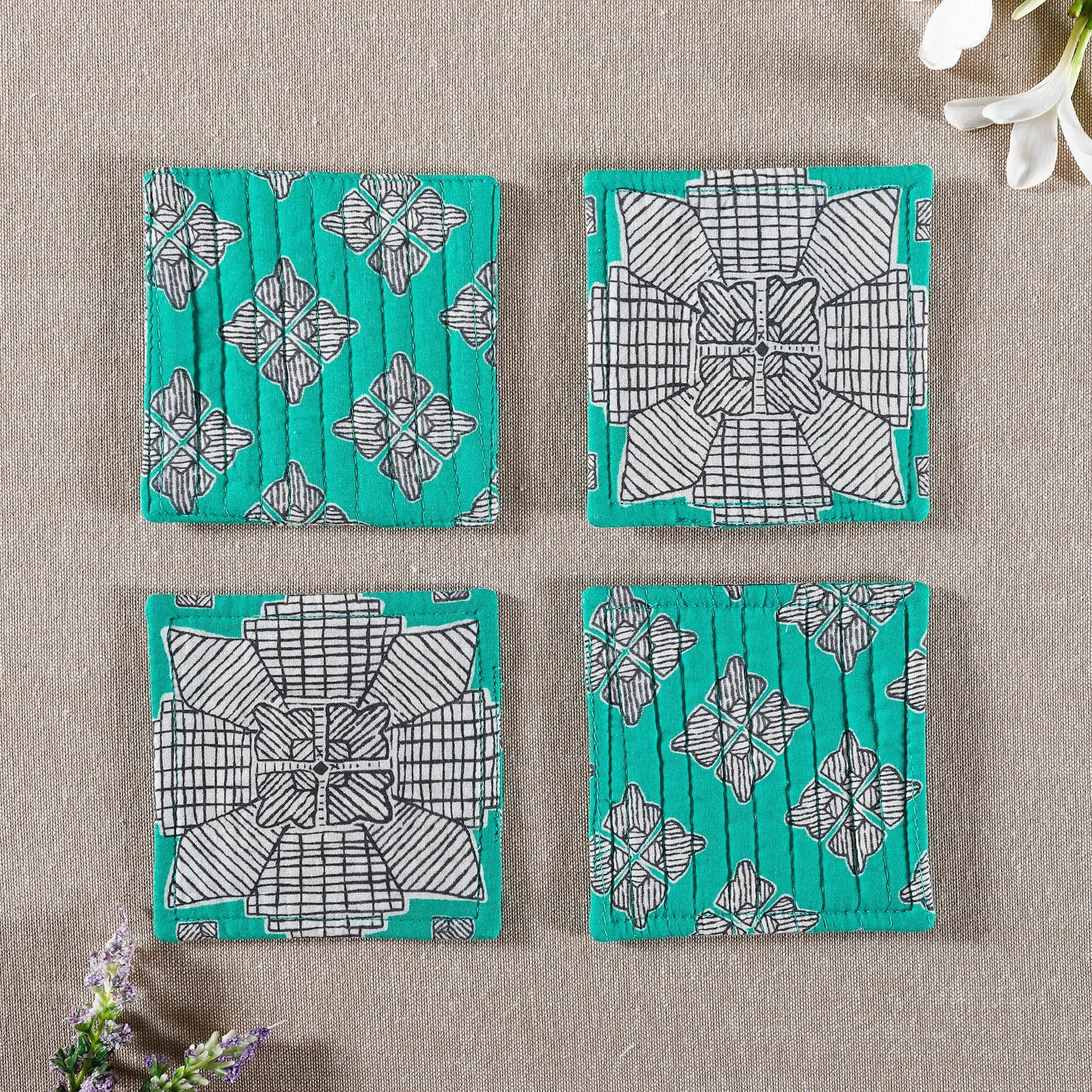 Geo Green Cotton Quilted Coaster (Set Of 4)