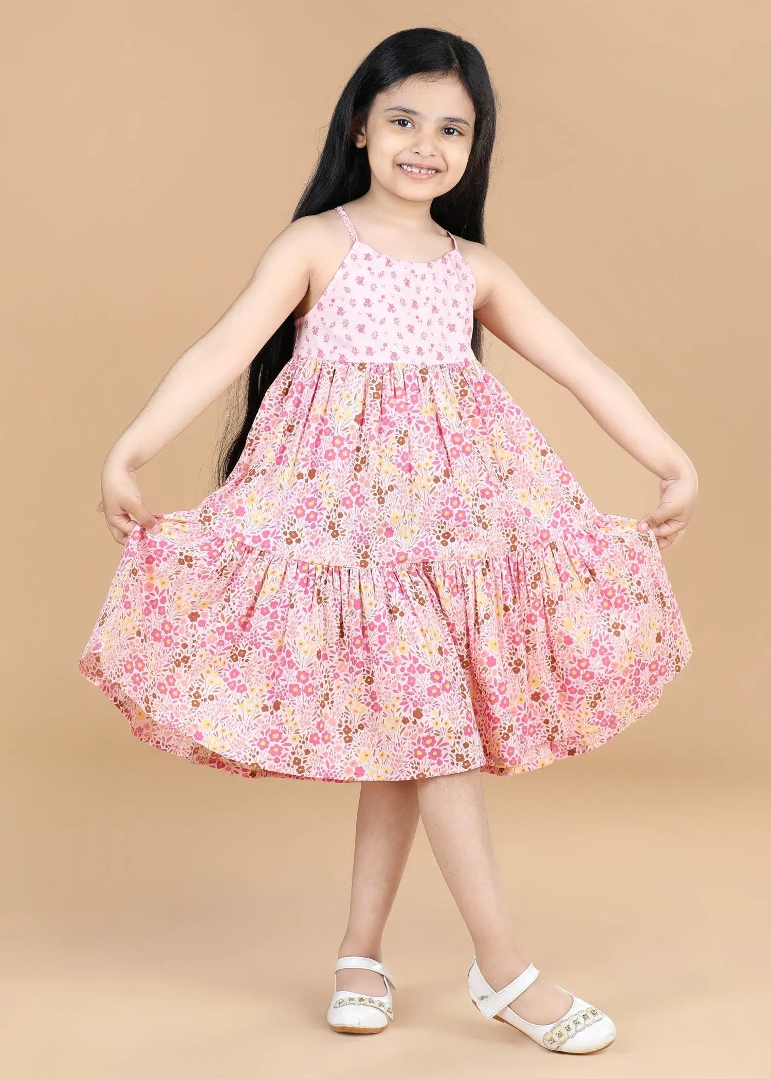 Flower Bed Pink Cotton Nia-Tiered Dress Girls (6 Months- 9 Yrs)