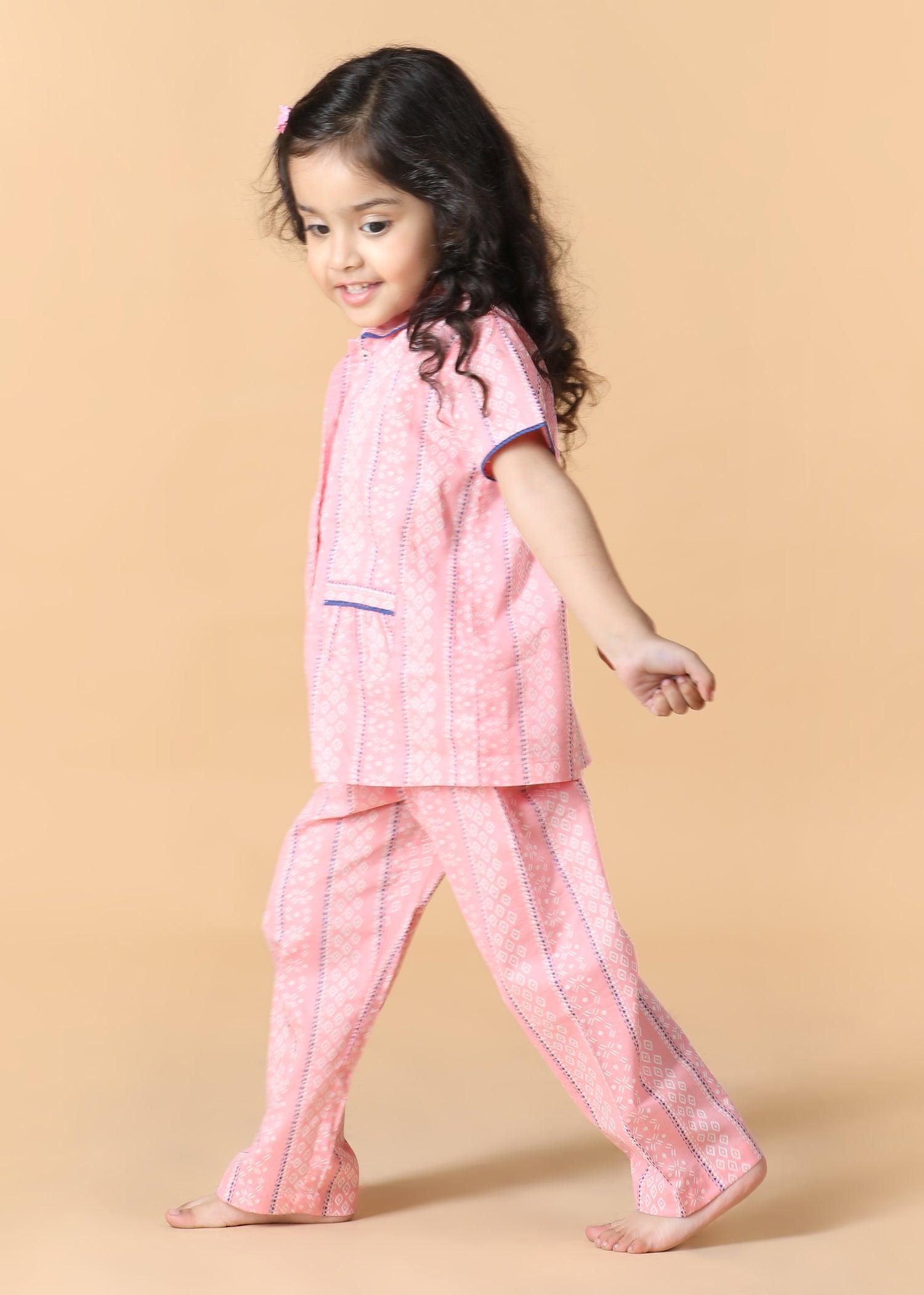 Diamond Stripe Pink Half Sleeves Cotton Girl's Nightsuit (1-12 Yrs) Ratan Texprocess Pvt. Ltd
