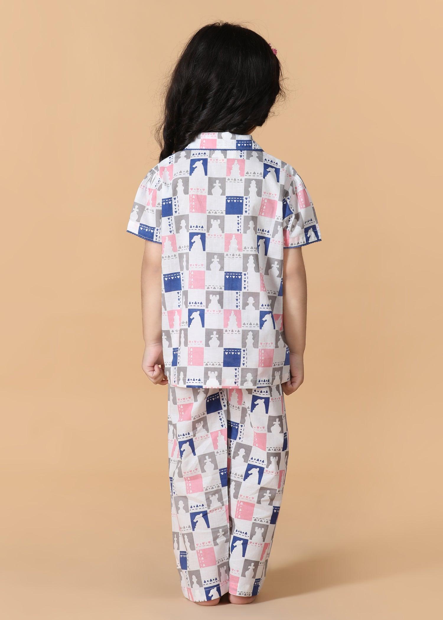 Chessboard Pink Half Sleeves Cotton Girl's Nightsuit (1-12 Yrs) Ratan Texprocess Pvt. Ltd