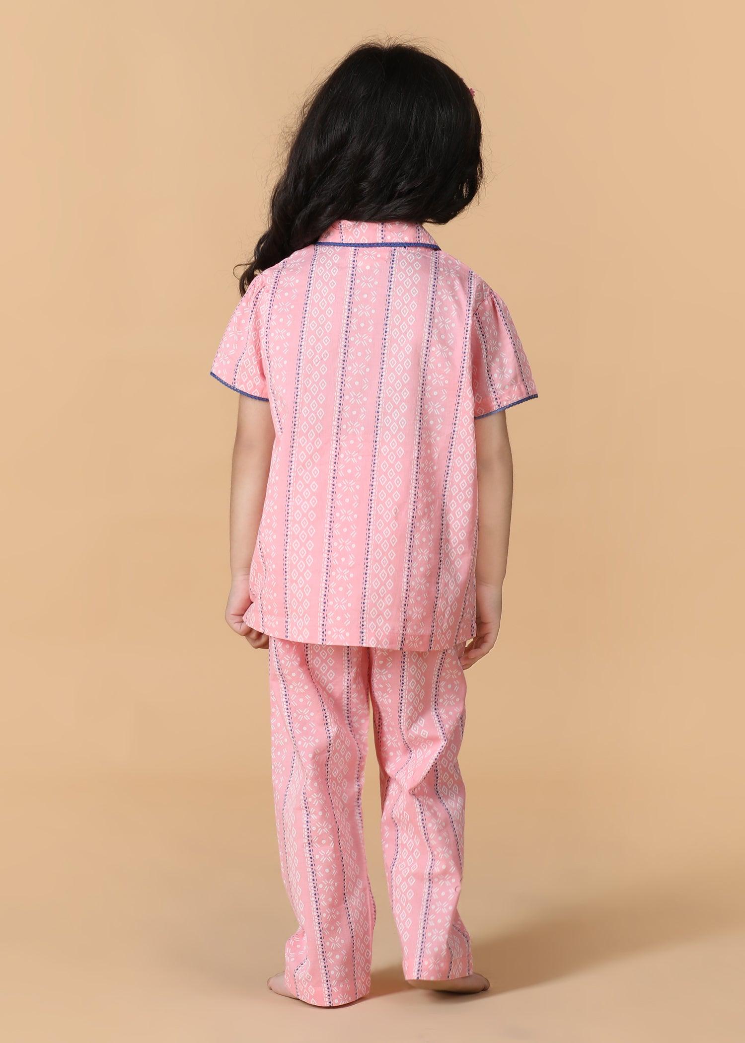 Diamond Stripe Pink Half Sleeves Cotton Girl's Nightsuit (1-12 Yrs) Ratan Texprocess Pvt. Ltd