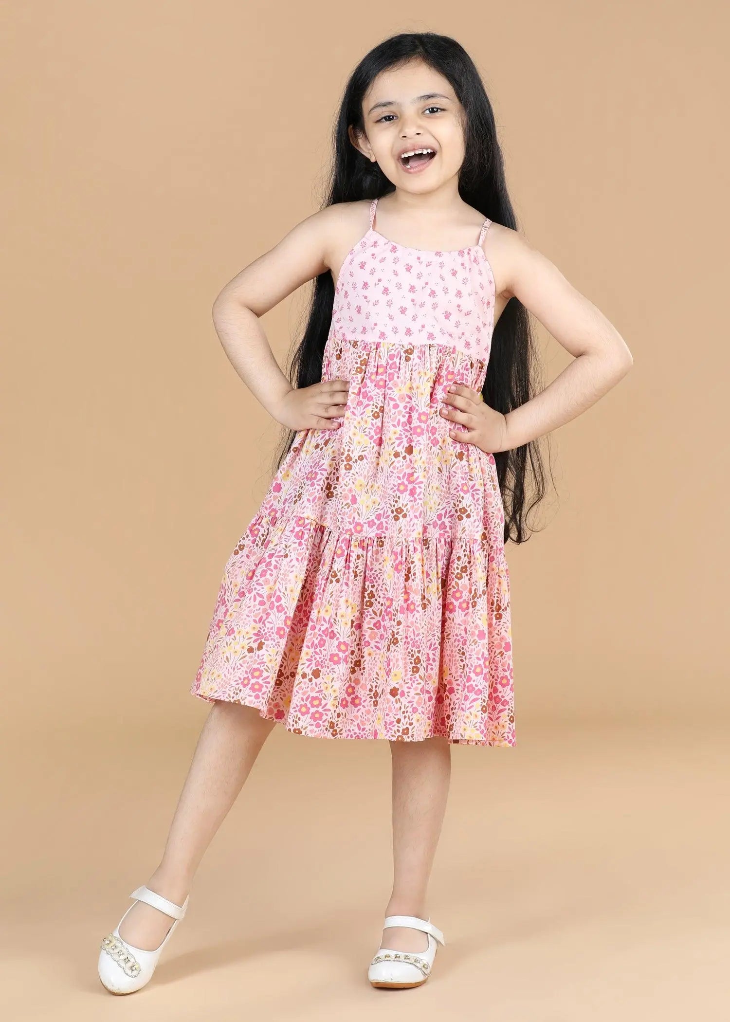 Flower Bed Pink Cotton Nia-Tiered Dress Girls (6 Months- 9 Yrs)