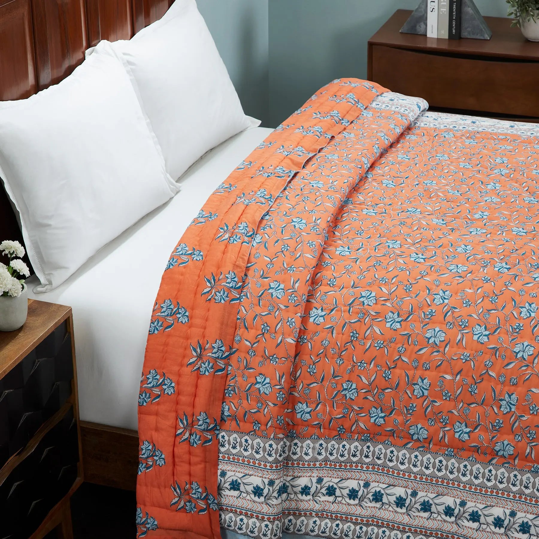 Naqaashi Orange Hand Screen Print Lightweight Cotton Quilt