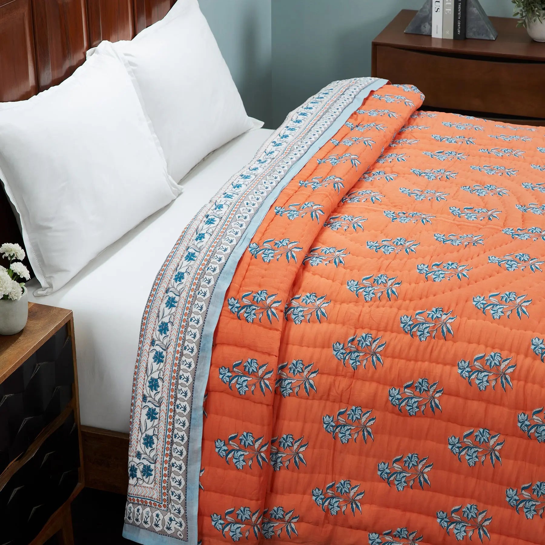 Naqaashi Orange Hand Screen Print Lightweight Cotton Quilt