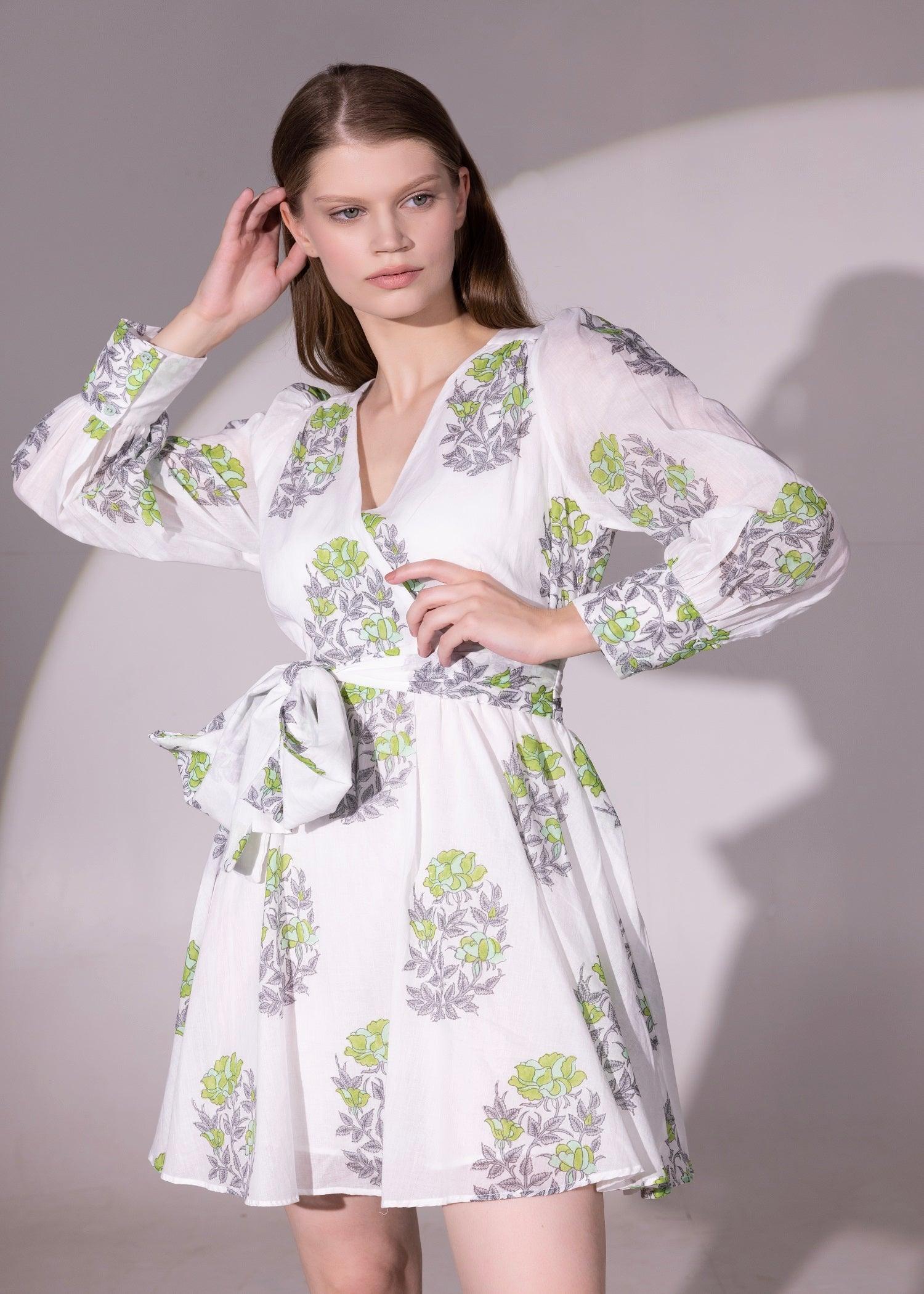 Buy Women s White Leaf Green Flared Cotton Wrap Dress Online
