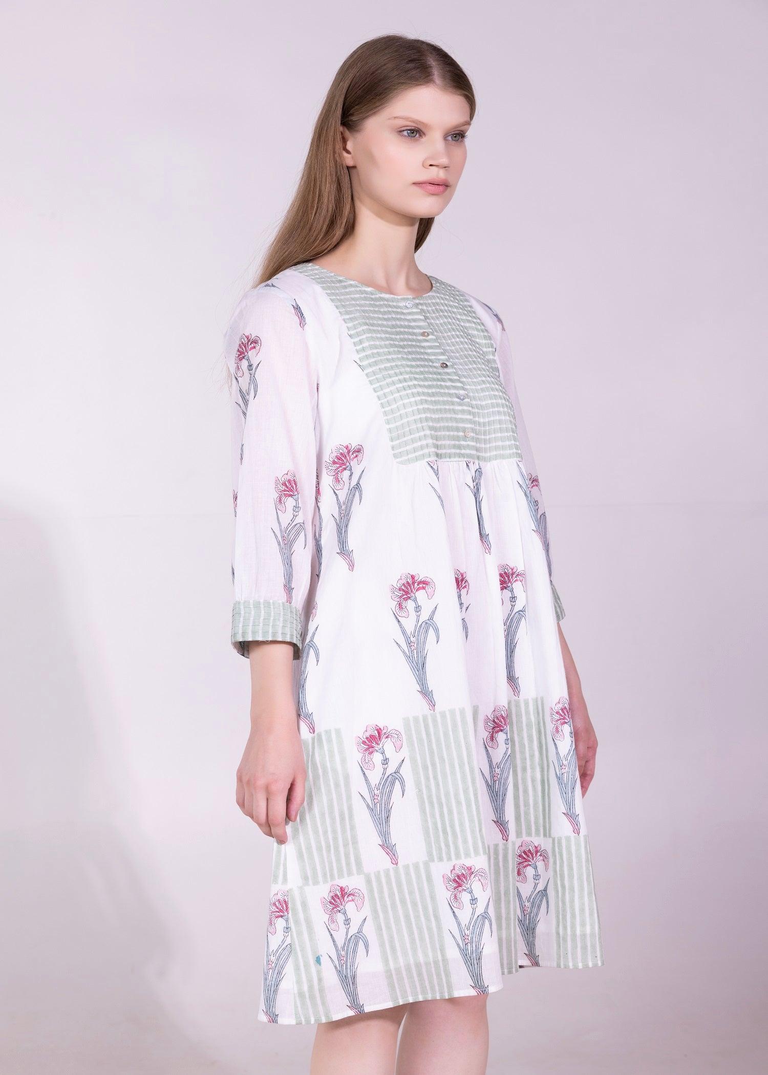 White & Jade Green Regular Voile Rubal Dress