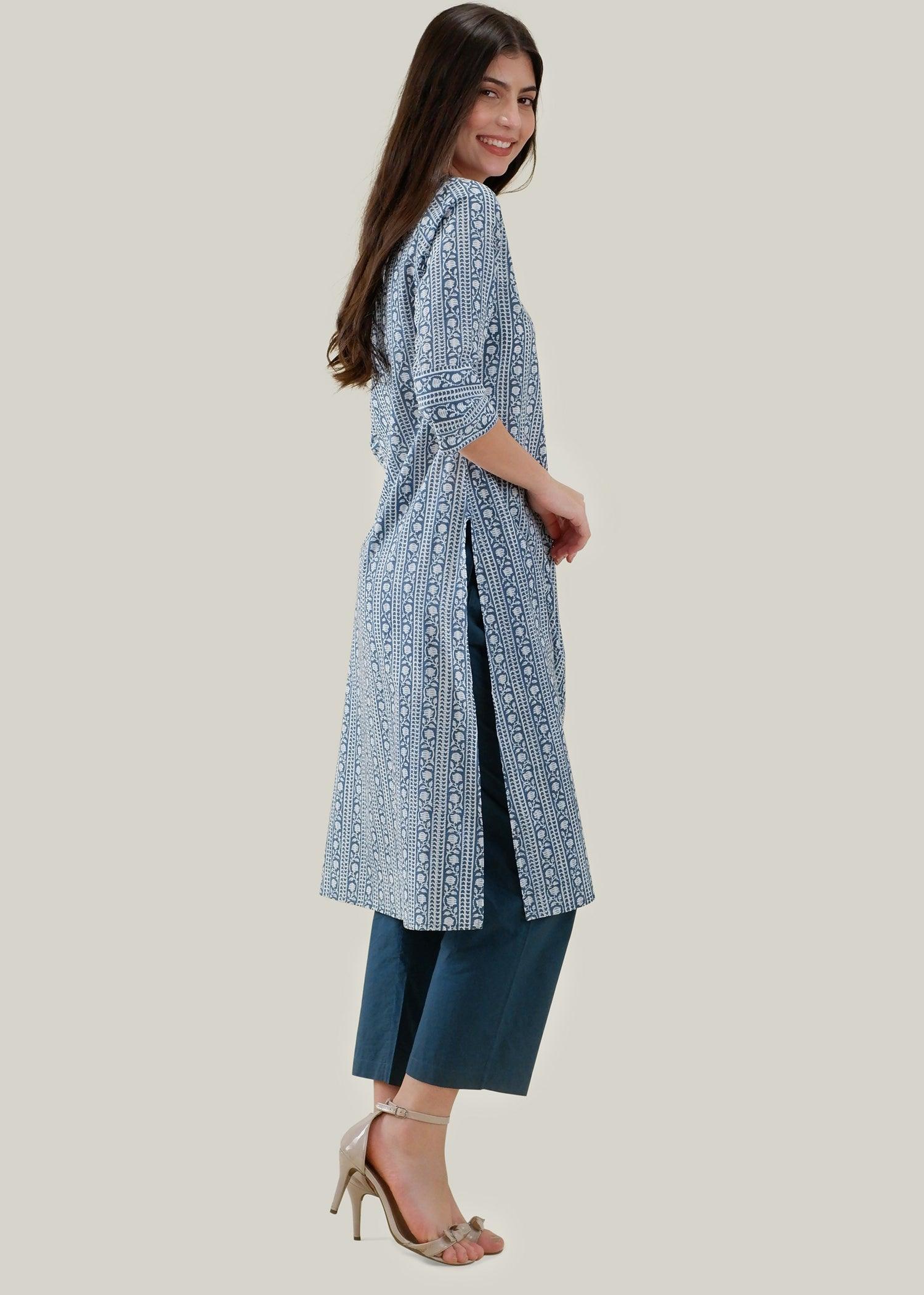 White & Blue Regular Cotton Upasana Kurta
