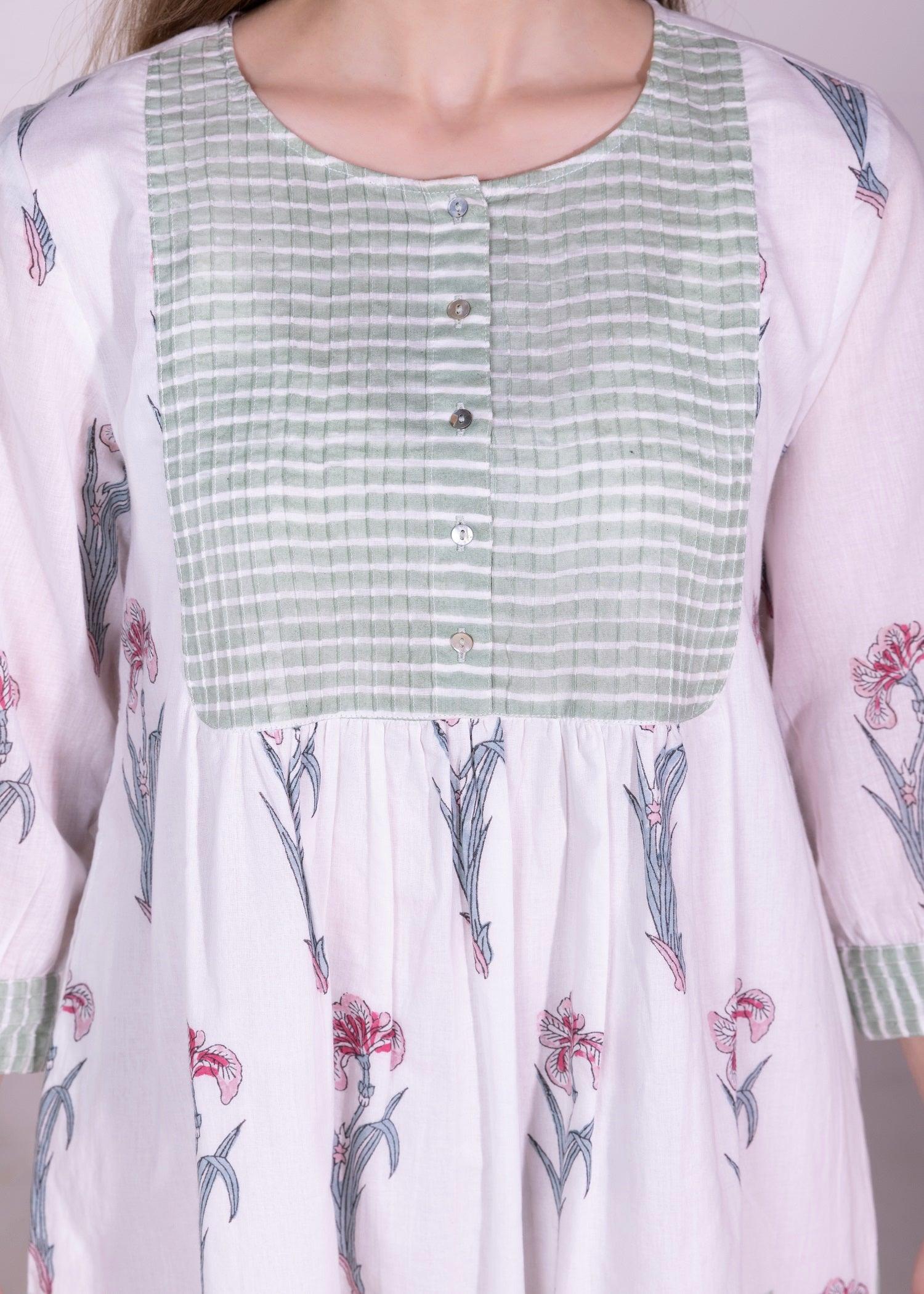 White & Jade Green Regular Voile Rubal Dress