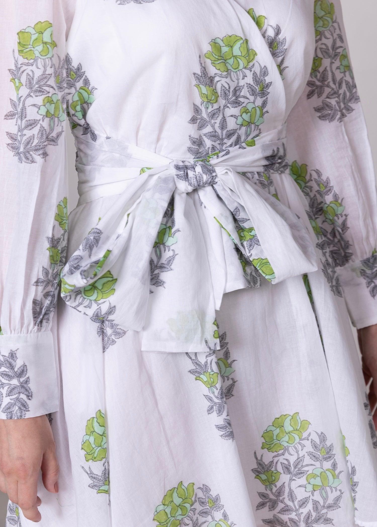 White & Leaf Green Flared Cotton Wrap Dress