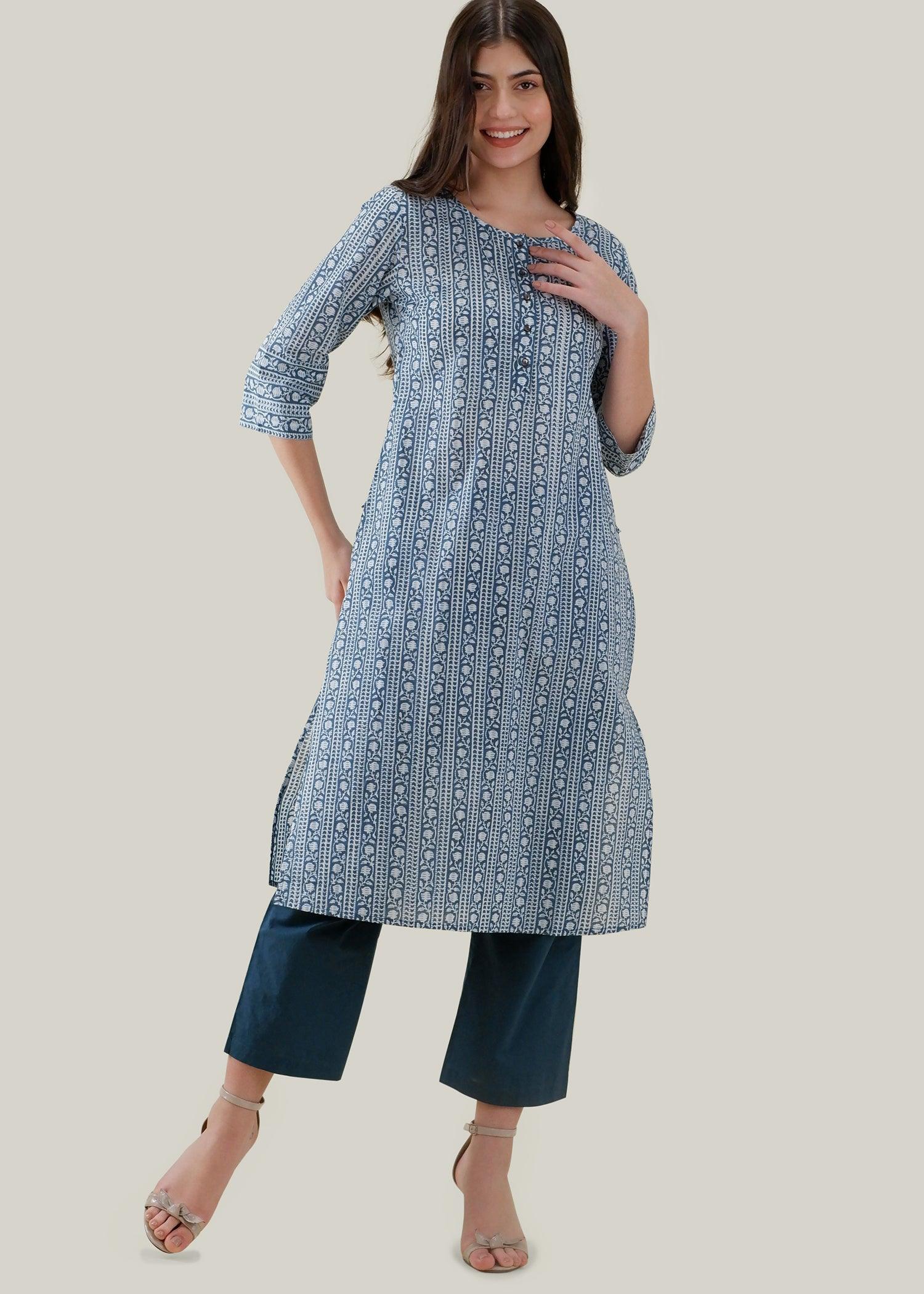 White & Blue Regular Cotton Upasana Kurta