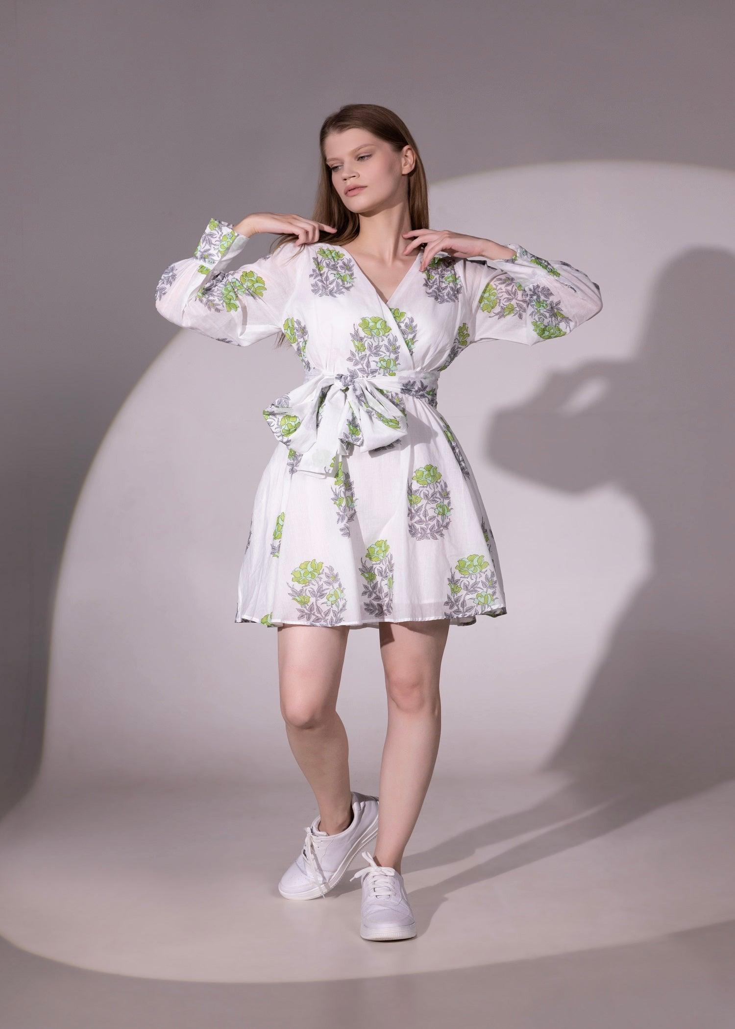 White & Leaf Green Flared Cotton Wrap Dress