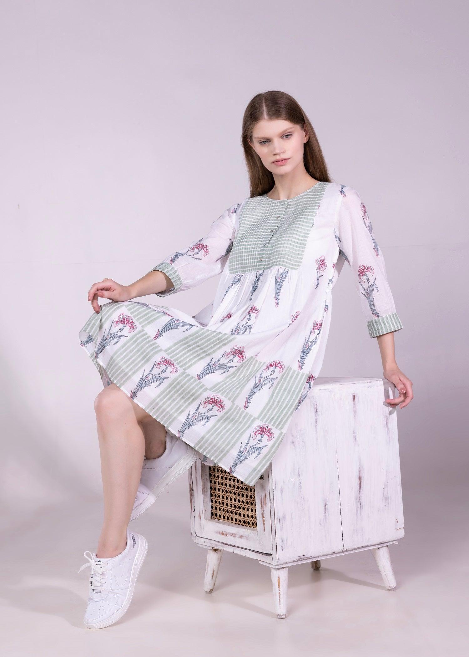 White & Jade Green Regular Voile Rubal Dress