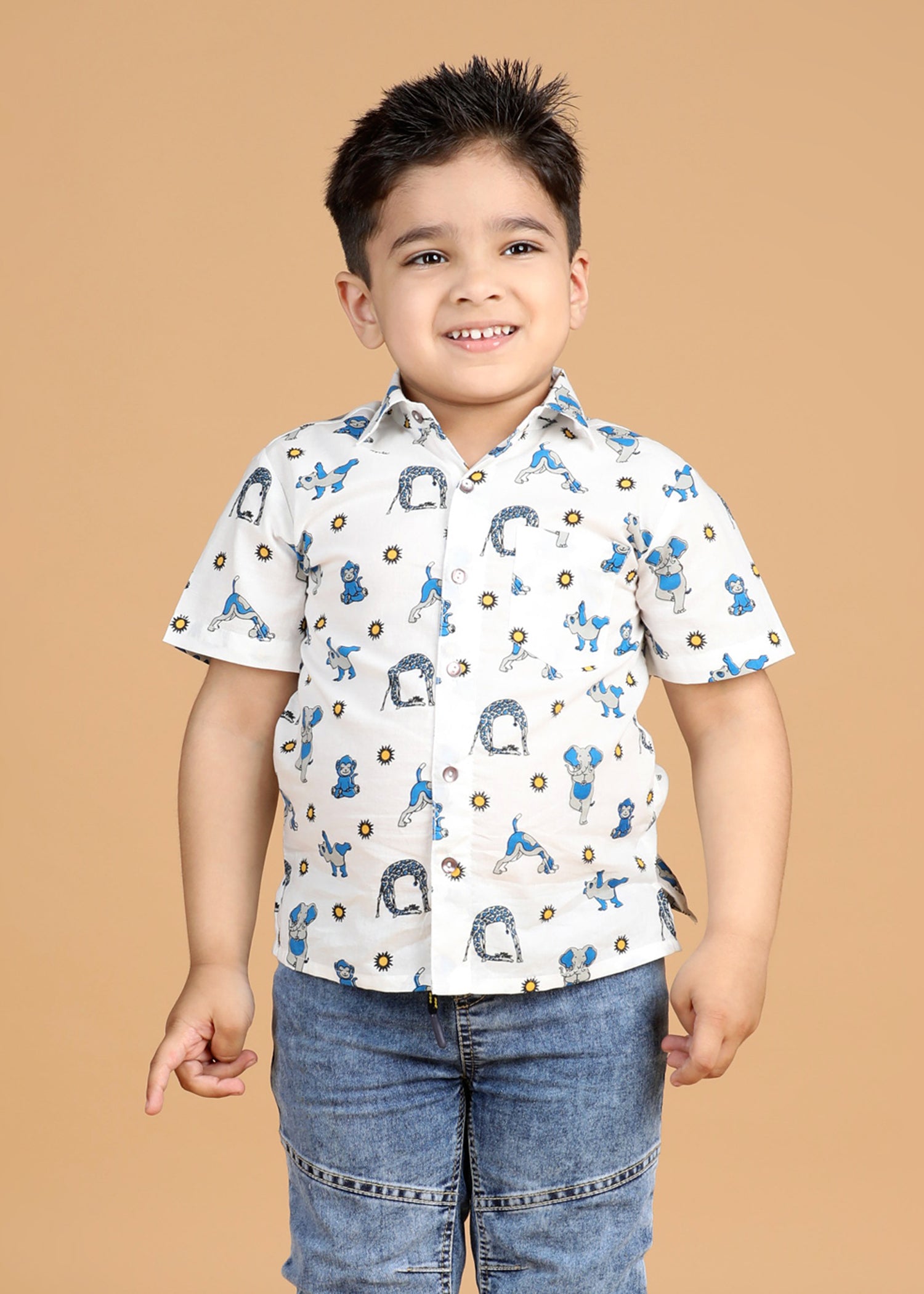 Animal Yoga White Cotton Boys Shirt (6 Months-12 Years)