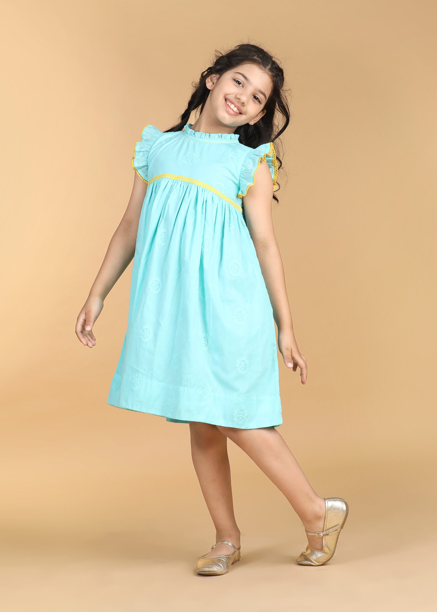 Takshita Aqua Cotton Dress Girls (6 Months-12 Years)