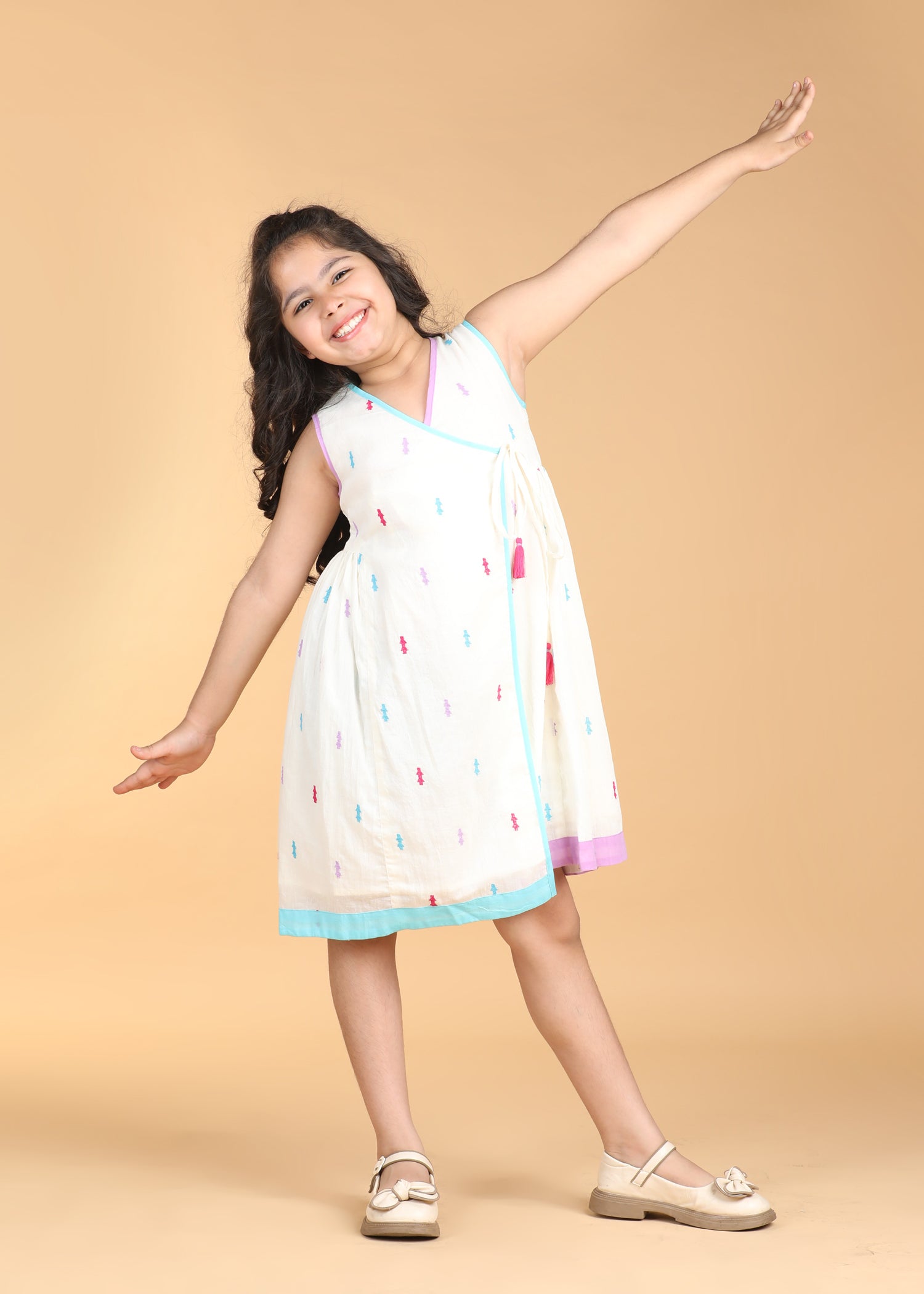 Angrakha Embroidered Creme Cotton Dress Girls (6 Months-12 Years)