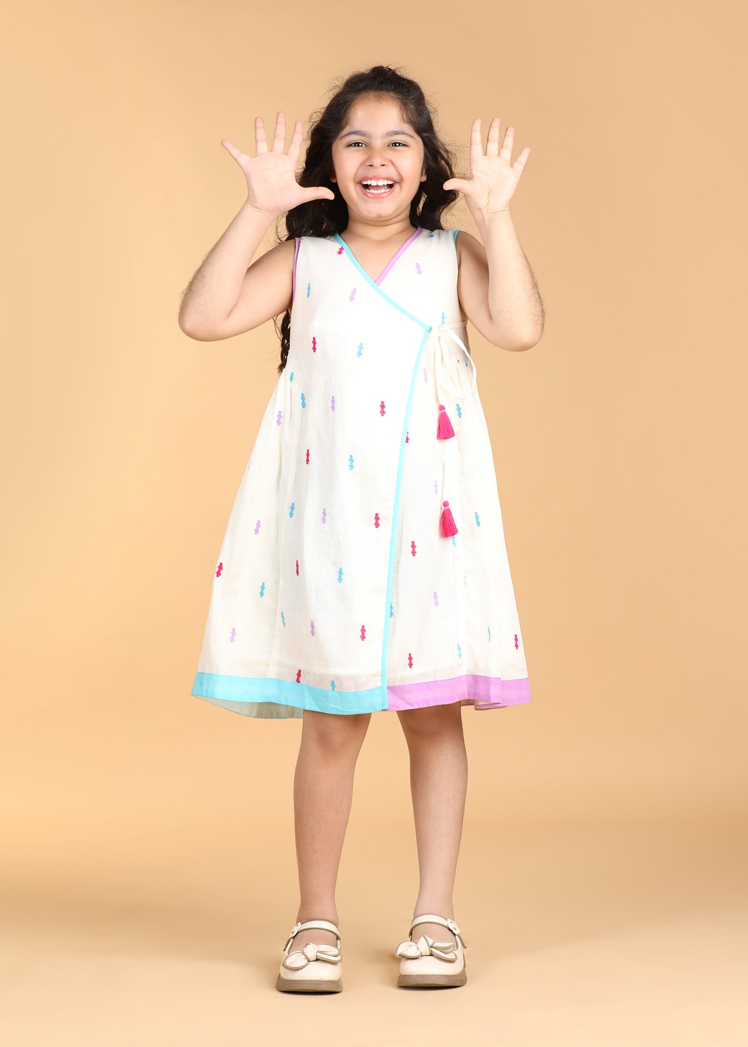 Angrakha Embroidered Creme Cotton Dress Girls (6 Months-12 Years)