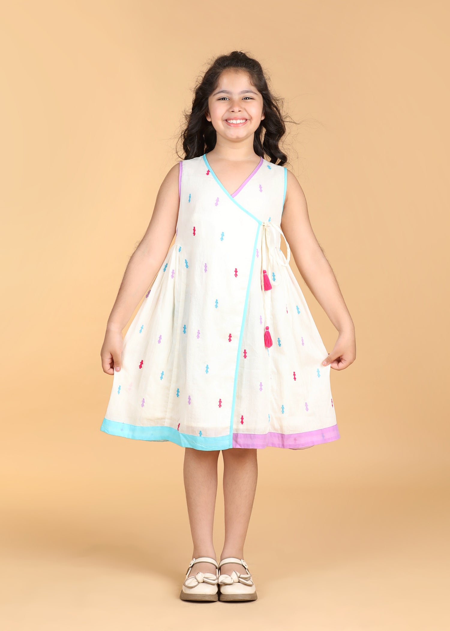 Angrakha Embroidered Creme Cotton Dress Girls (6 Months-12 Years)