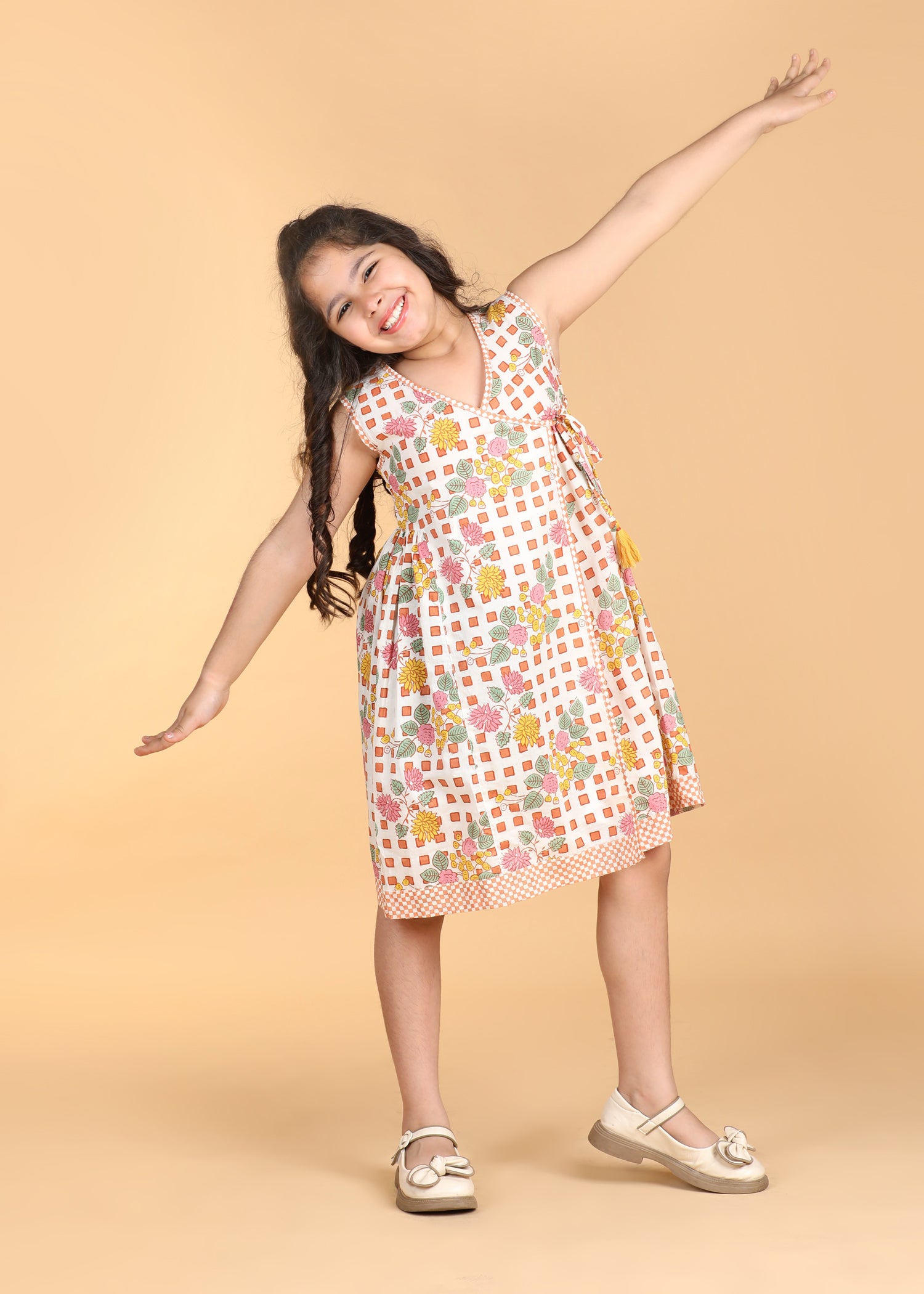 Angrakha Flower Checks Cotton Dress Girls (6 Months-12 Years)