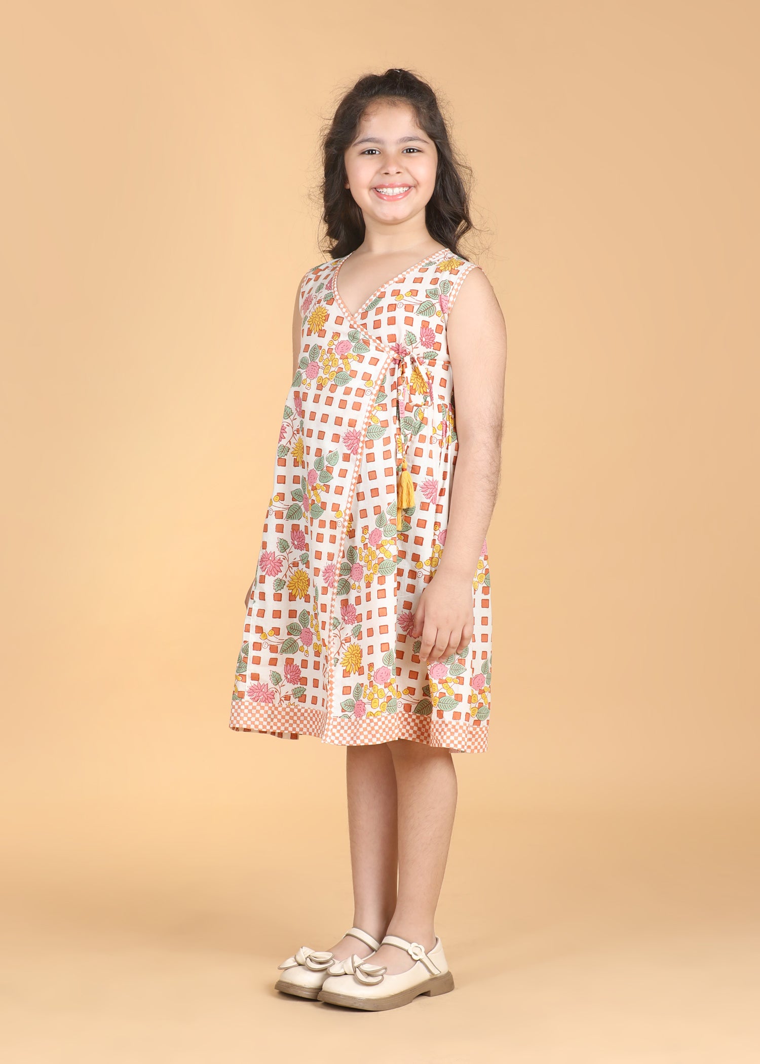 Angrakha Flower Checks Cotton Dress Girls (6 Months-12 Years)