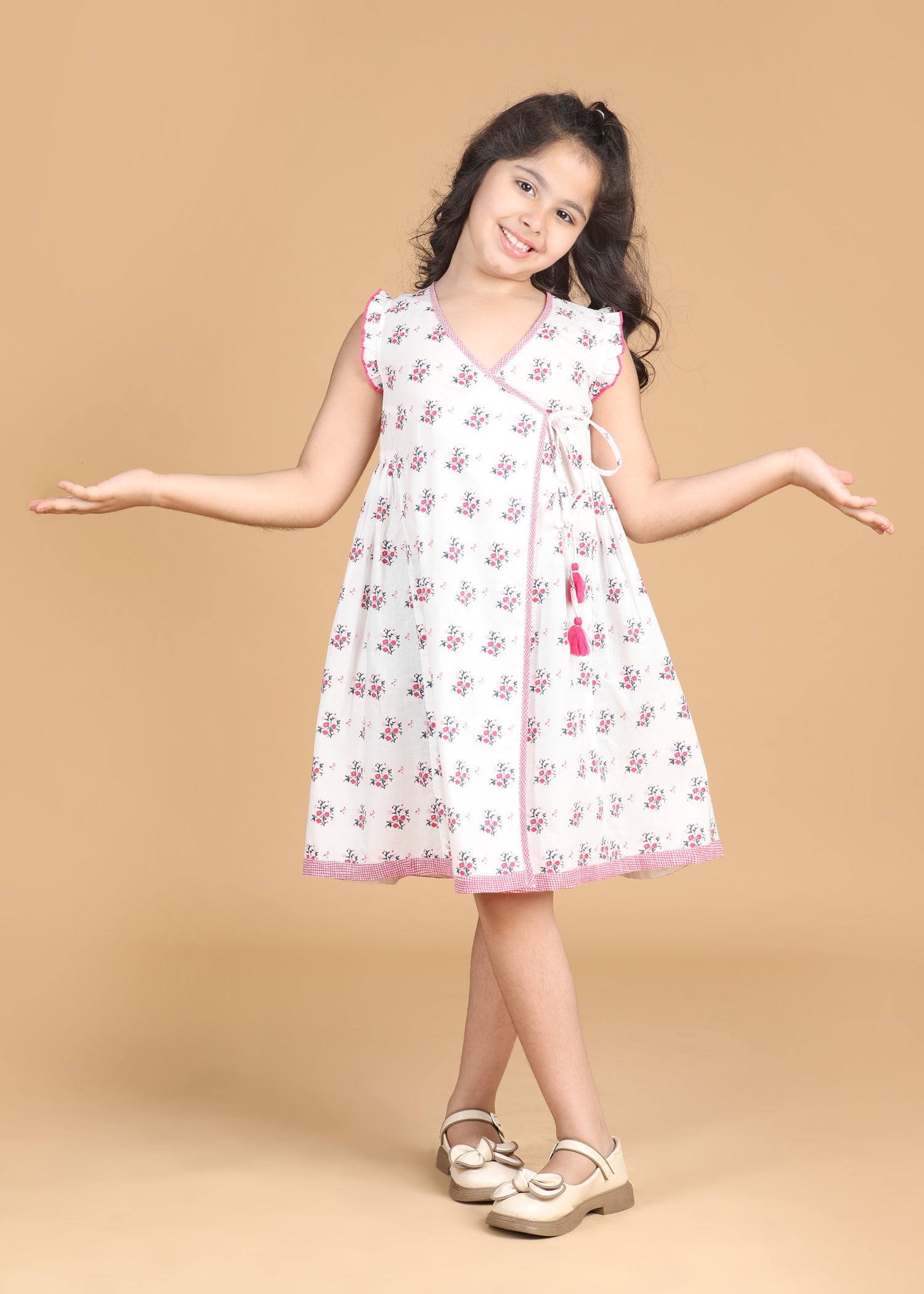 Angrakha Bouquet White Cotton Dress Girls (6 Months-12 Years)