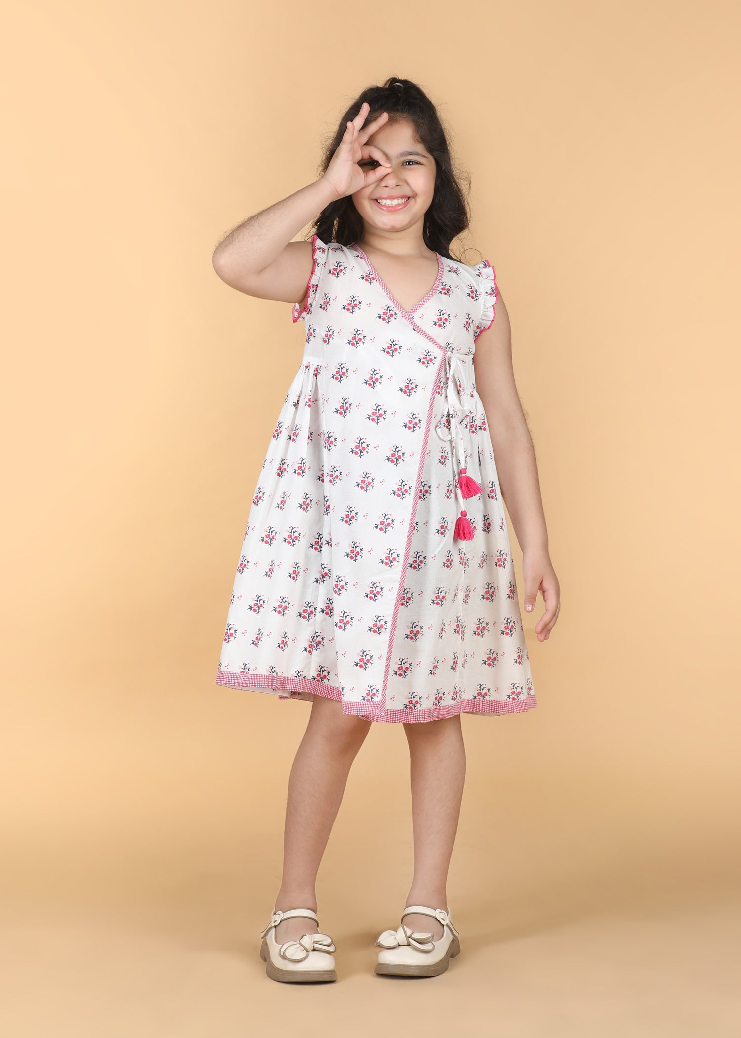 Angrakha Bouquet White Cotton Dress Girls (6 Months-12 Years)