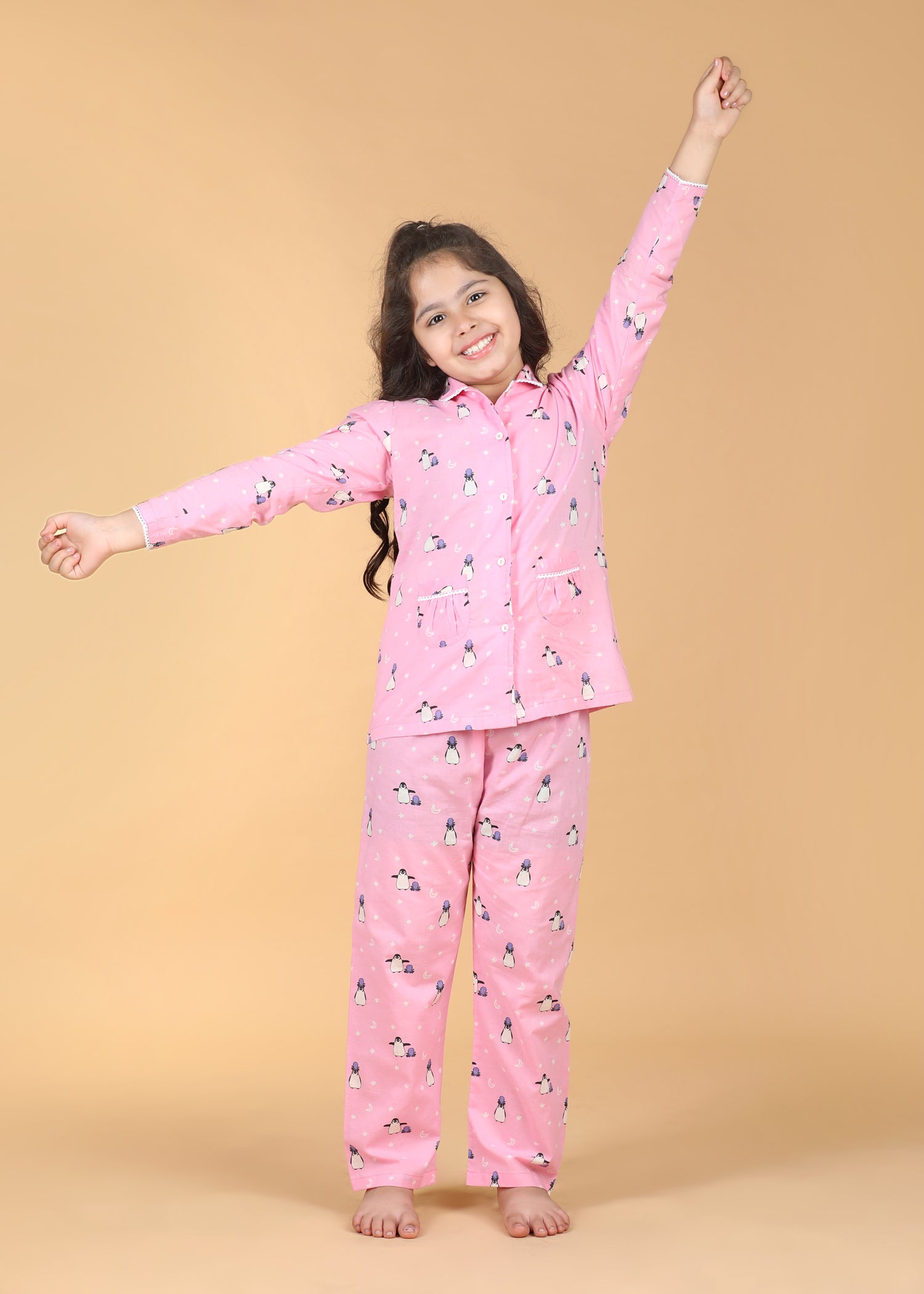 Penguin Party Girls Baby Pink Full Sleeves Night Suit (1-12 Yrs)