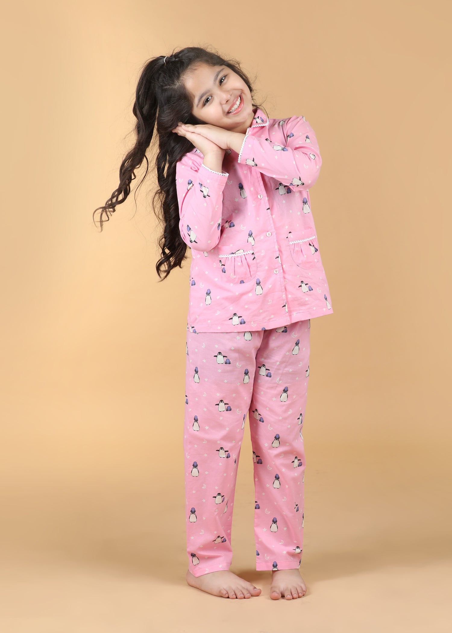 Penguin Party Girls Baby Pink Full Sleeves Night Suit (1-12 Yrs)
