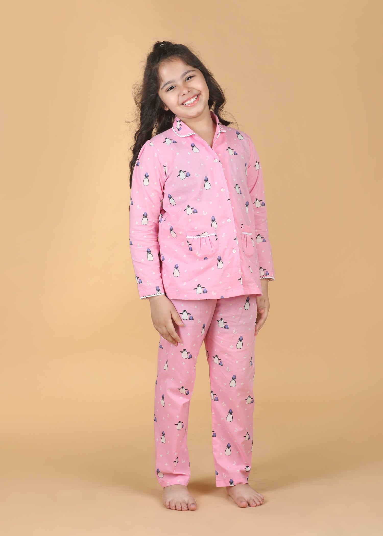 Penguin Party Girls Baby Pink Full Sleeves Night Suit (1-12 Yrs)