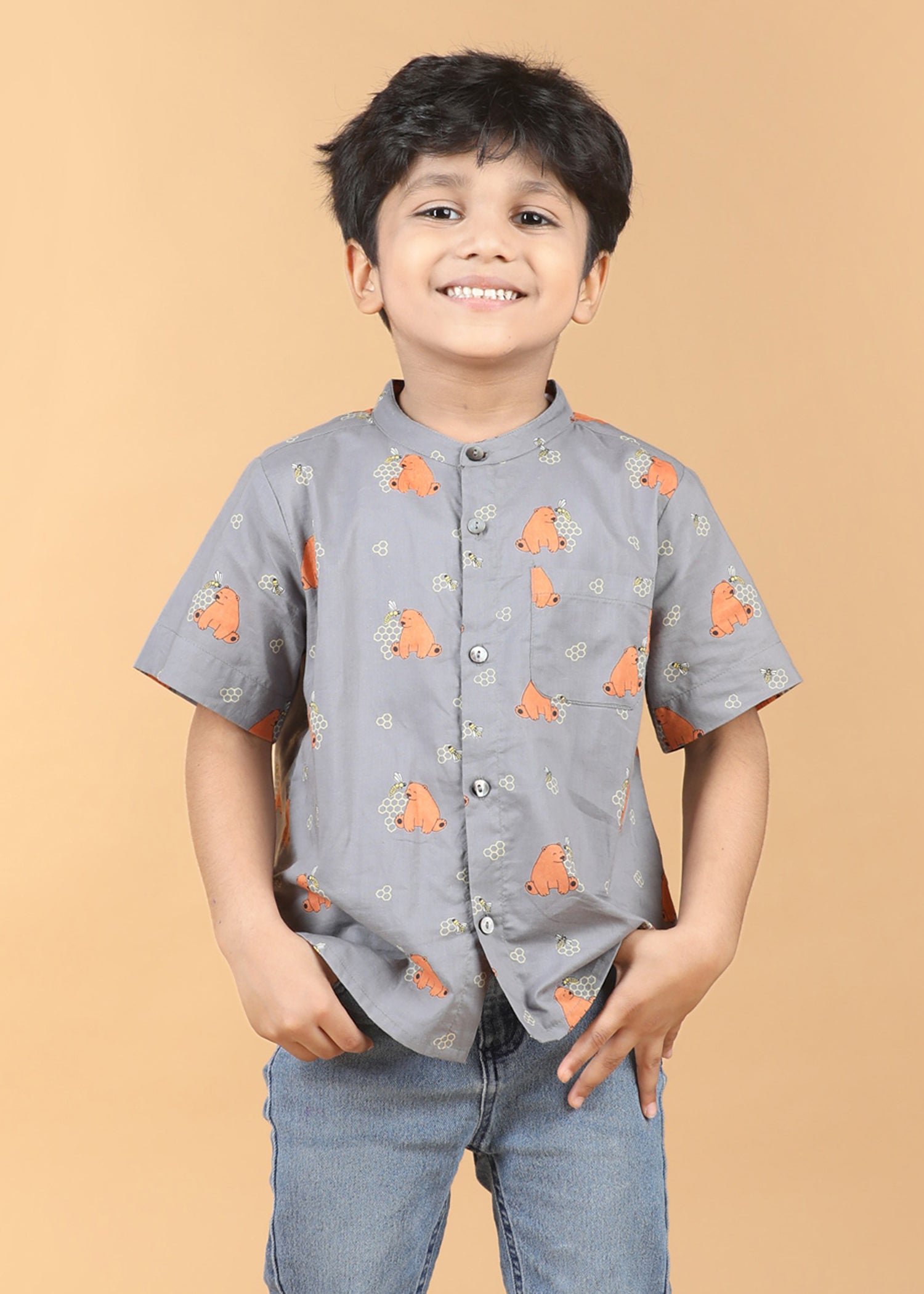 Honey Bear Grey Cotton Boys Shirt (6 Months-12 Years)