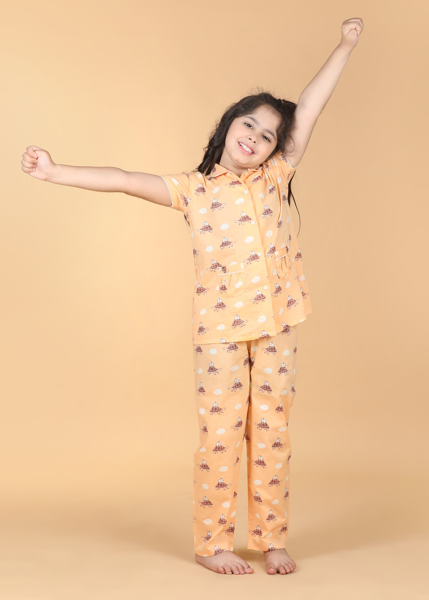 Hop And Crawl Girls Peach Half Sleeves Night Suit (1-12 Yrs)
