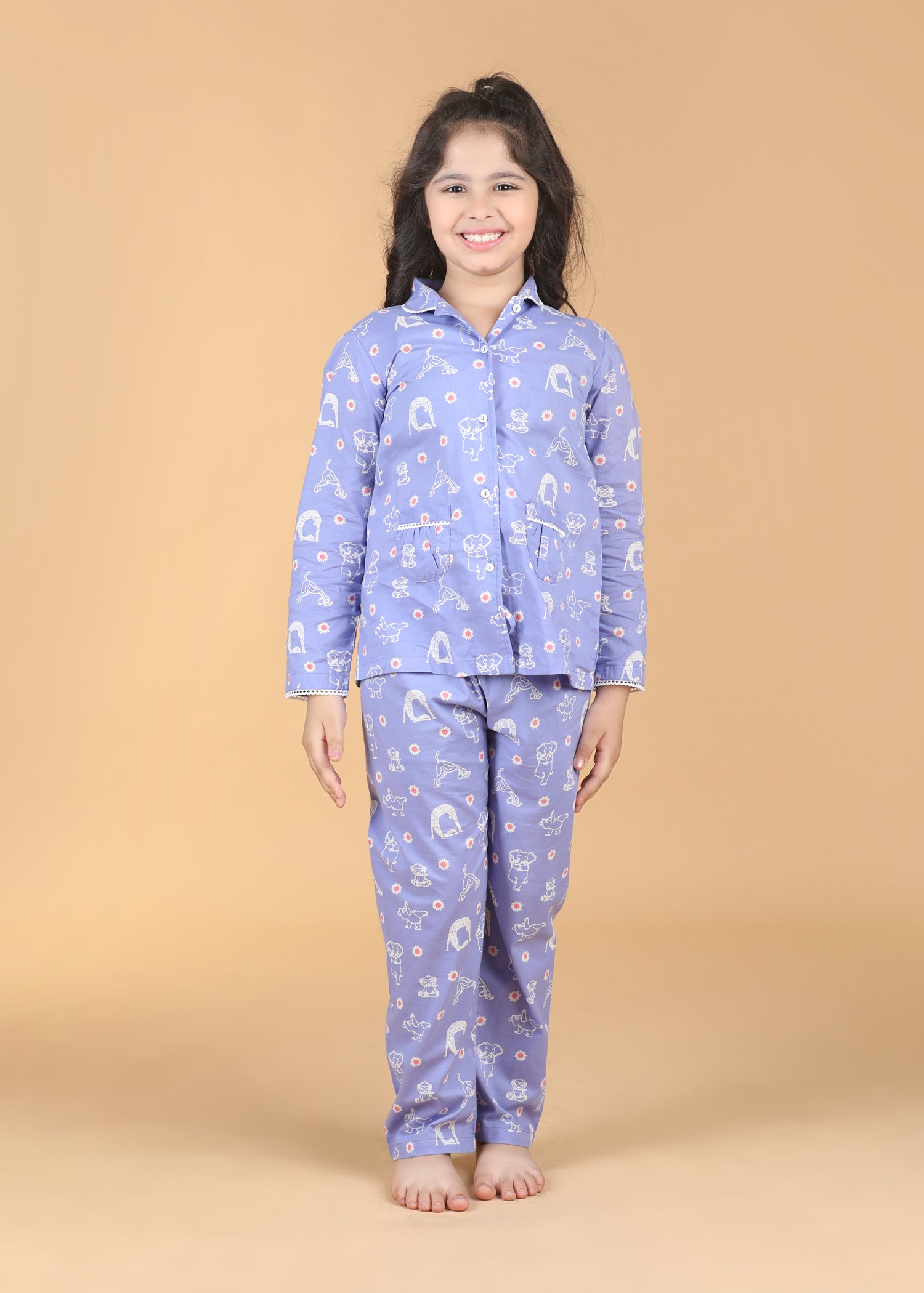 Animal Yoga Girls Purple Full Sleeves Night Suit (1-12 Yrs)