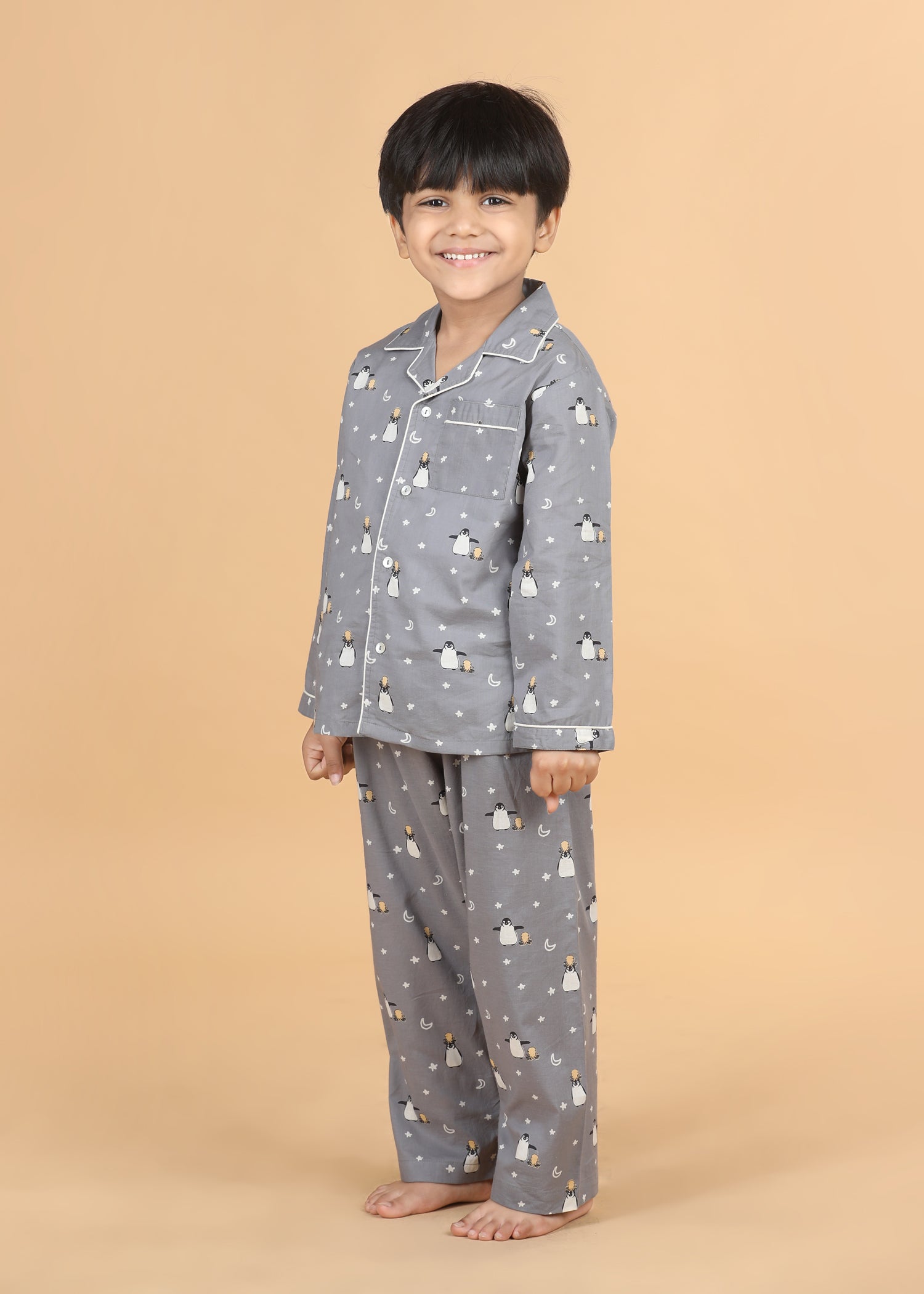 Penguin Party Boys Grey Full Sleeves Night Suit (1-12 Yrs)