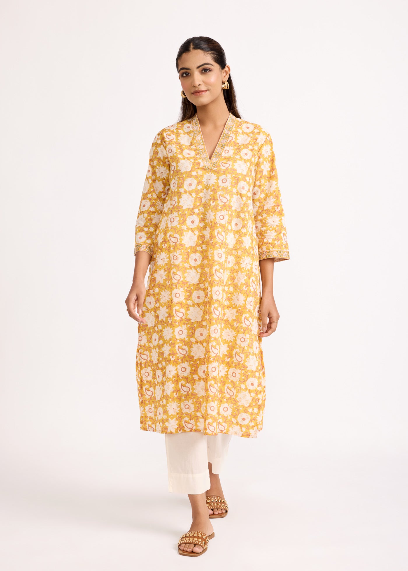 Laavanya Printed Cotton Kurta - Yellow