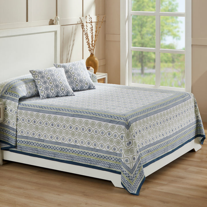Ogee Blue & Green Hand Block Printed Cotton Bedcover