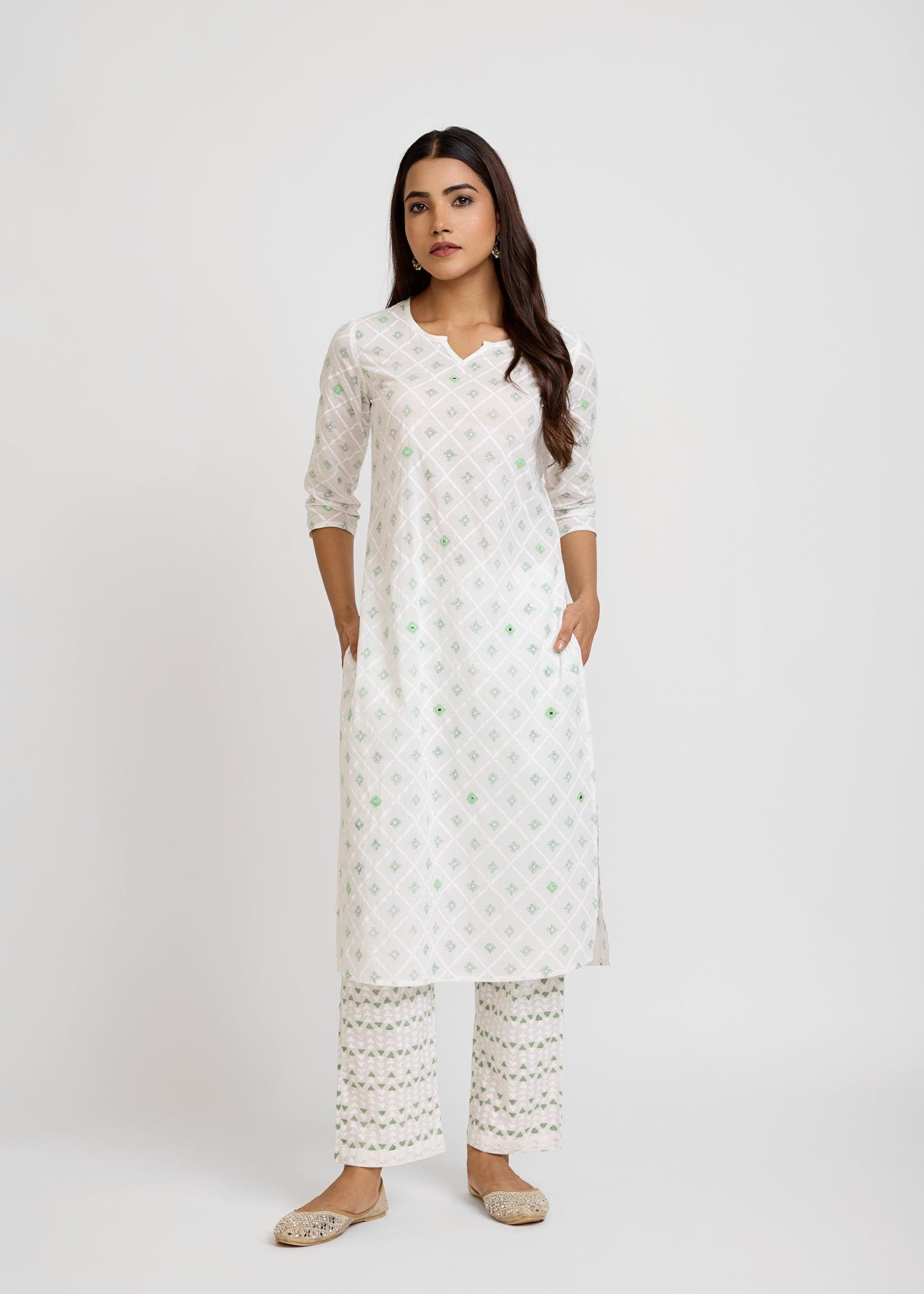 White & Green Cotton Long Kurta Ratan Texprocess Pvt. Ltd
