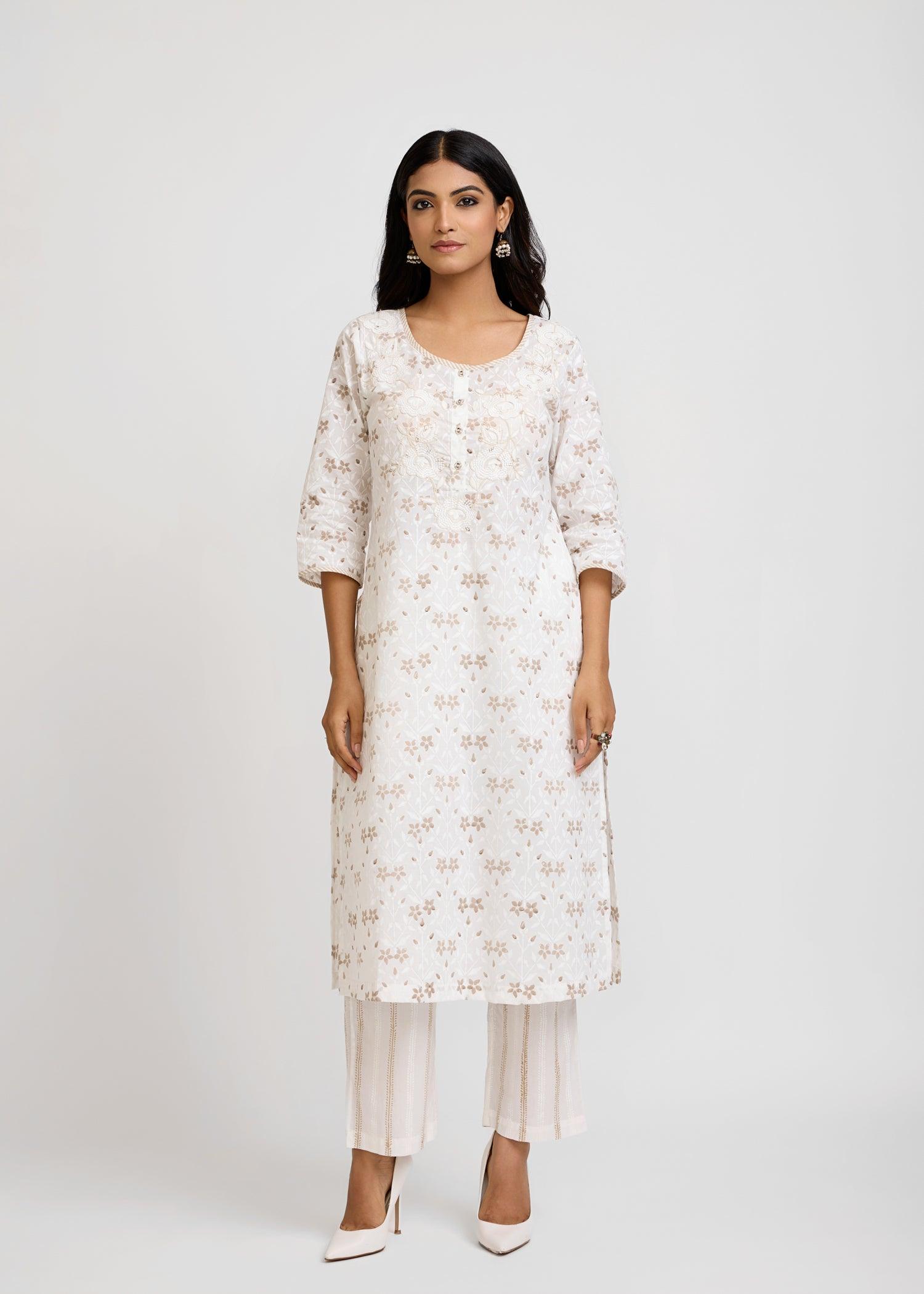 Raagini White & Beige Cotton Long Kurta Ratan Texprocess Pvt. Ltd