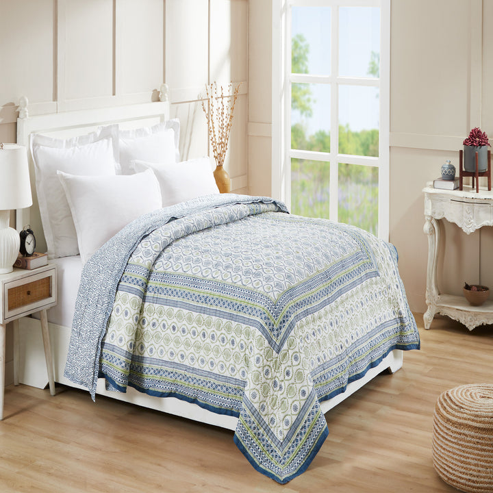 Ogee Blue & Green Color Hand Block Print Extra Cotton Filling Quilt