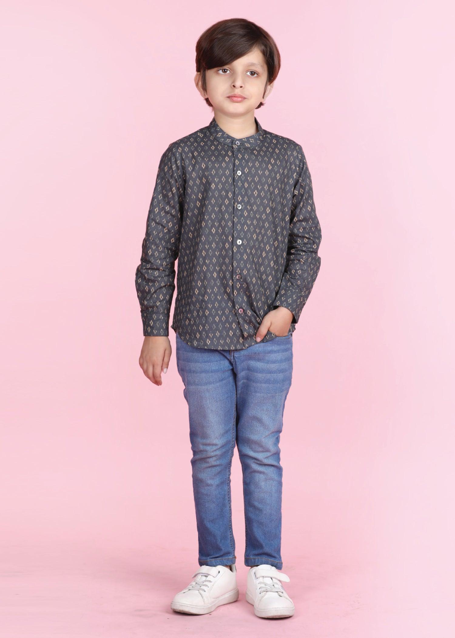 Ikkat Buti Grey Cotton Full Sleeves Shirt Boy (6 Months -12 Years) Ratan Texprocess Pvt. Ltd