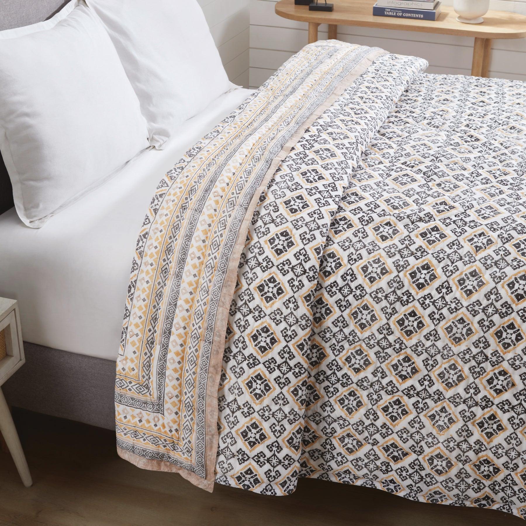 Geometric Dribble Mustard & Charcoal Hand Block Print Extra Cotton Filling Quilt Ratan Texprocess Pvt. Ltd