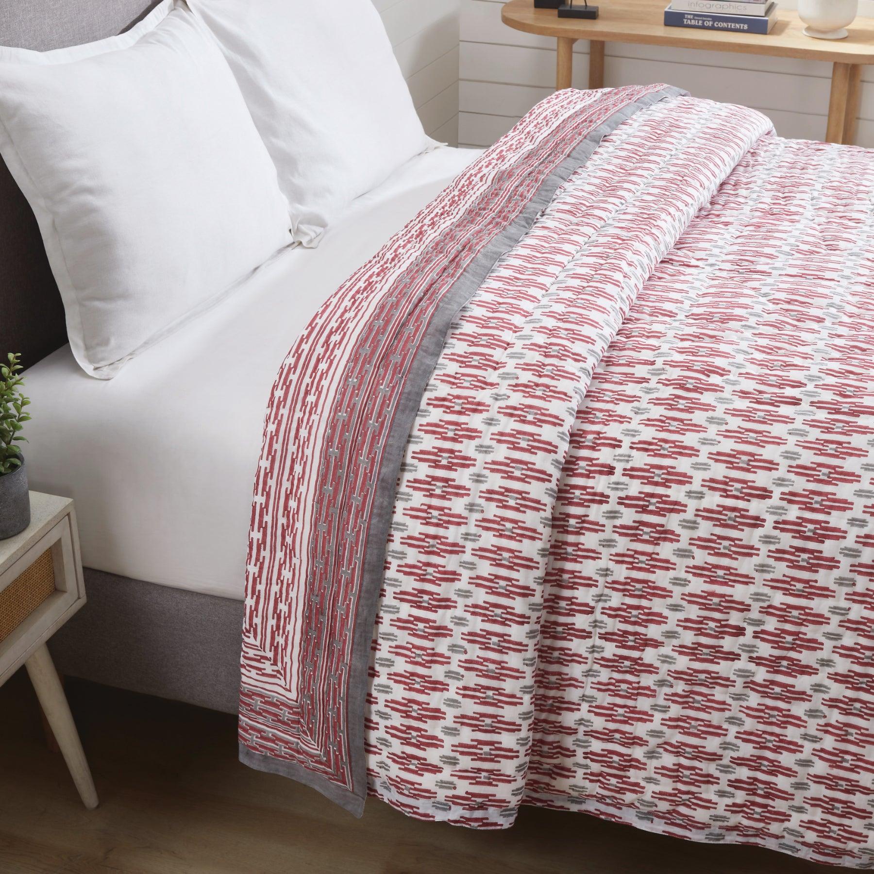 Geometric Quint Red & Grey Hand Block Print Lightweight Cotton Quilt Ratan Texprocess Pvt. Ltd