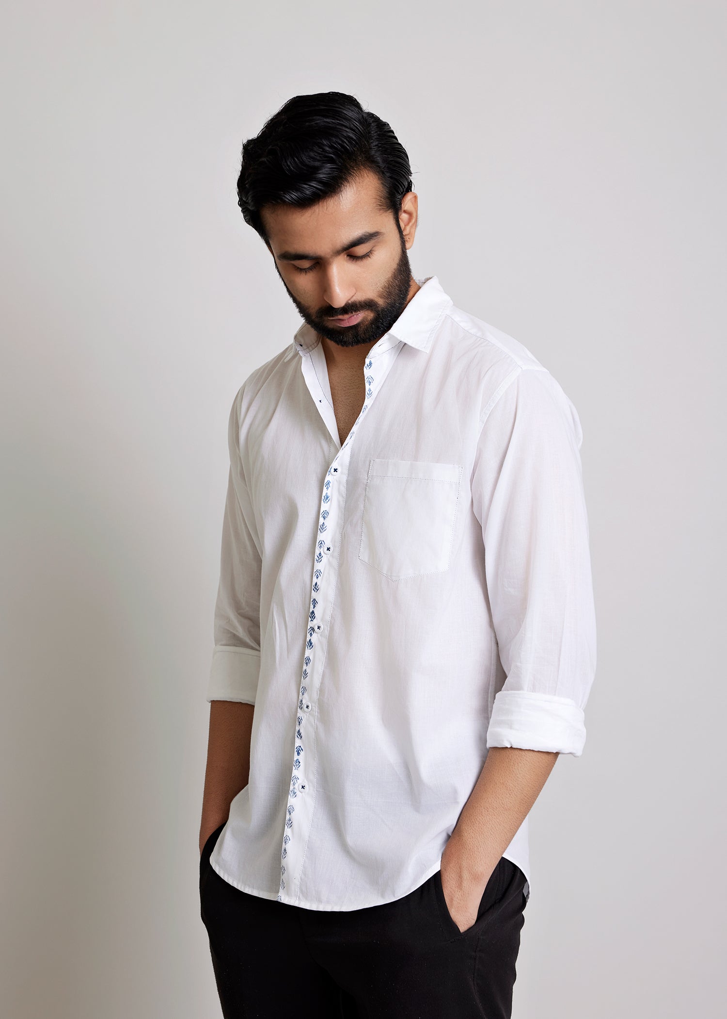 White Regular Cotton Leaf Print Full Sleeve Shirt Ratan Texprocess Pvt. Ltd