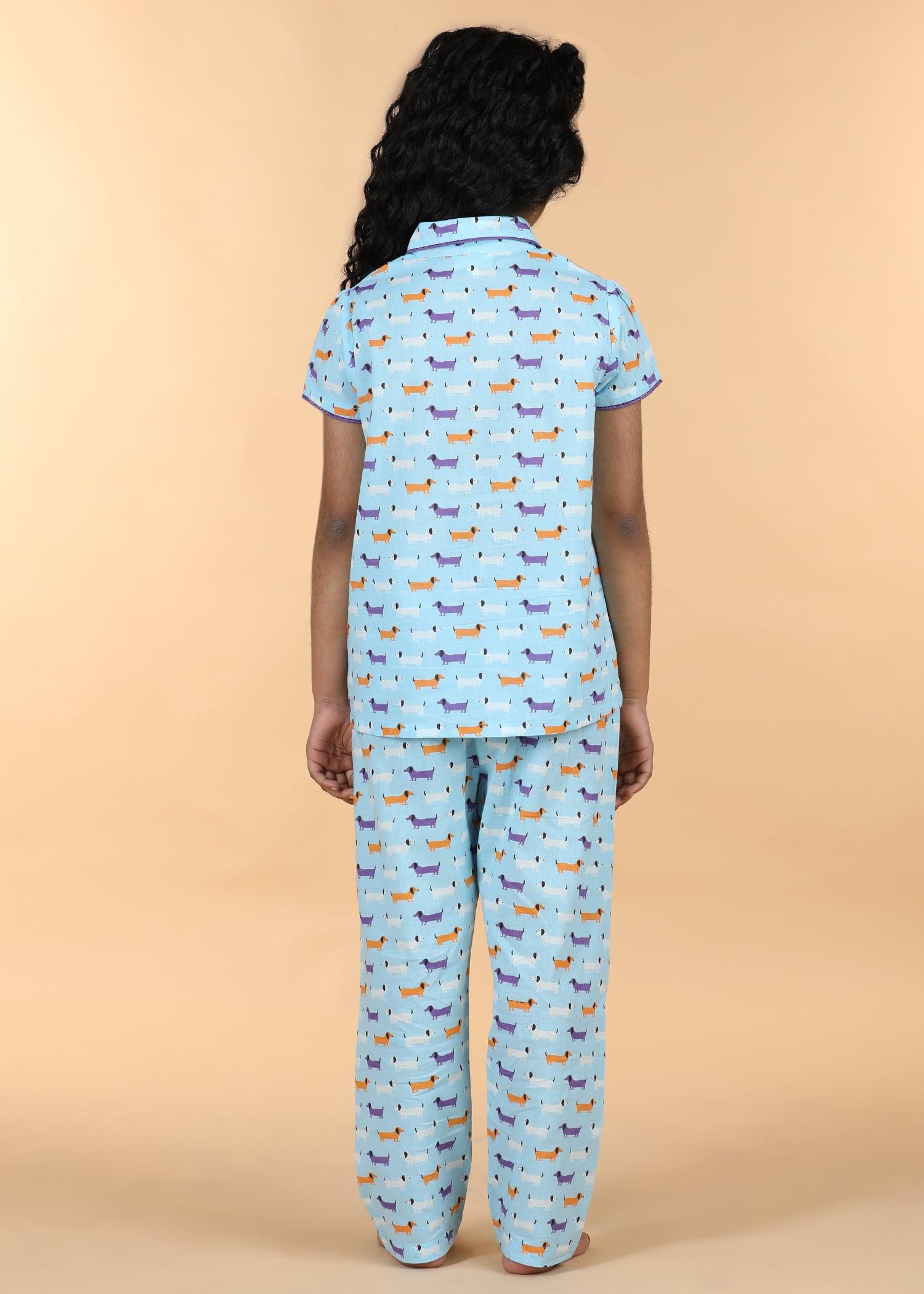 Dachshund Blue Half Sleeves Cotton Girl's Nightsuit (1-12 Yrs) Ratan Texprocess Pvt. Ltd