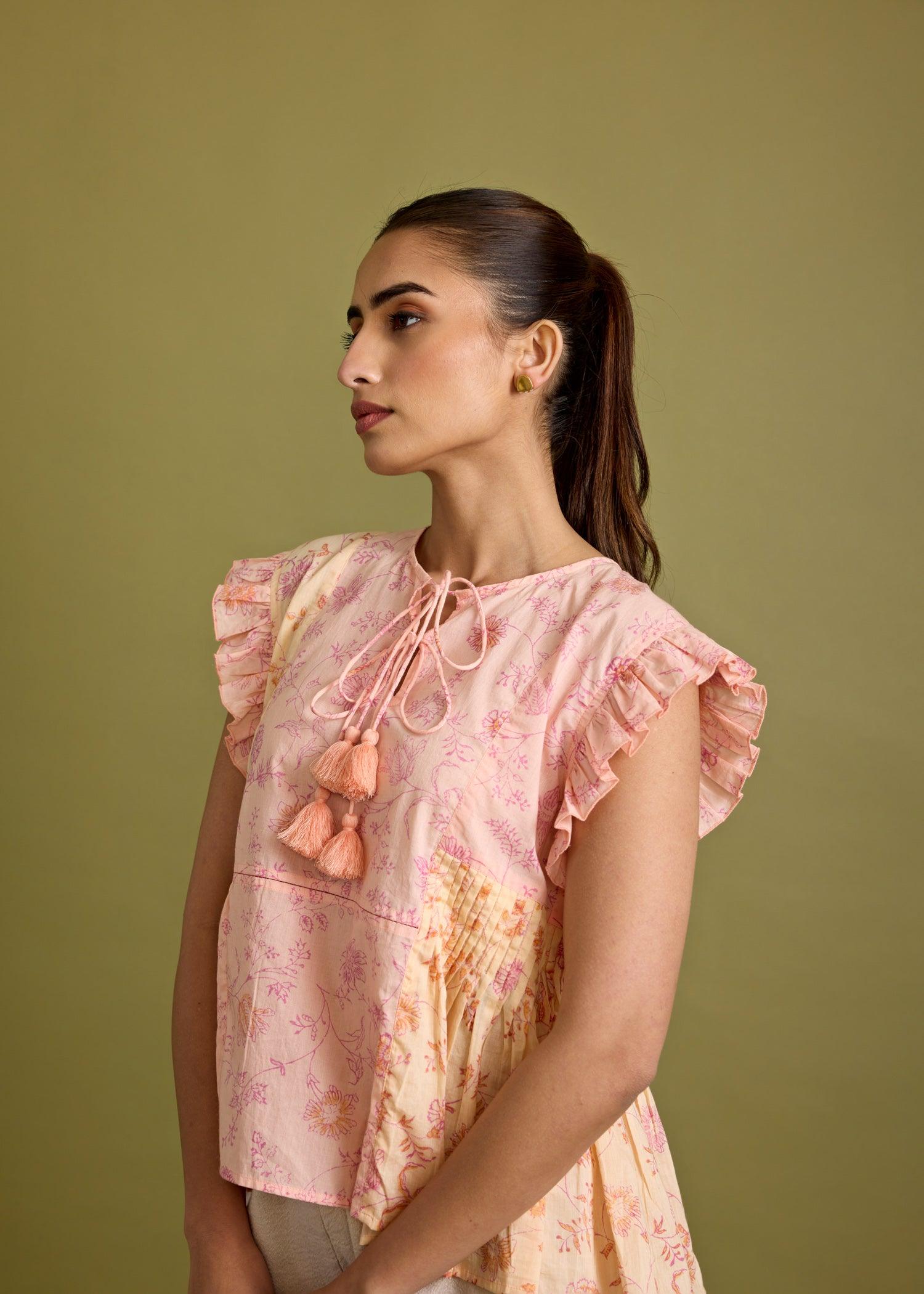 Tropical Peach Voile Pleated Frill Top Ratan Texprocess Pvt. Ltd