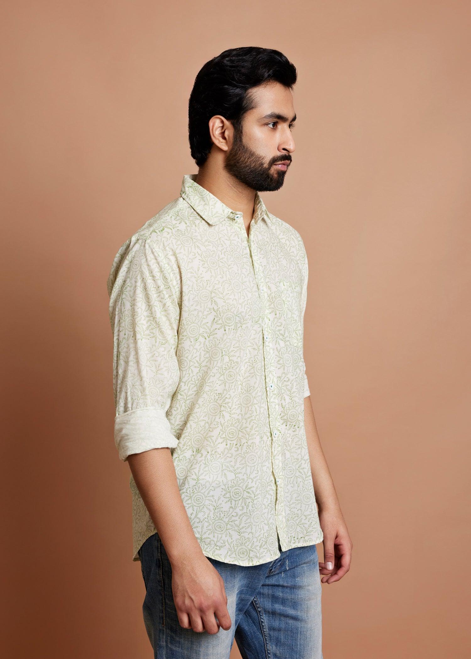 Crème Green Regular Cotton Full Sleeve Shirt Ratan Texprocess Pvt. Ltd