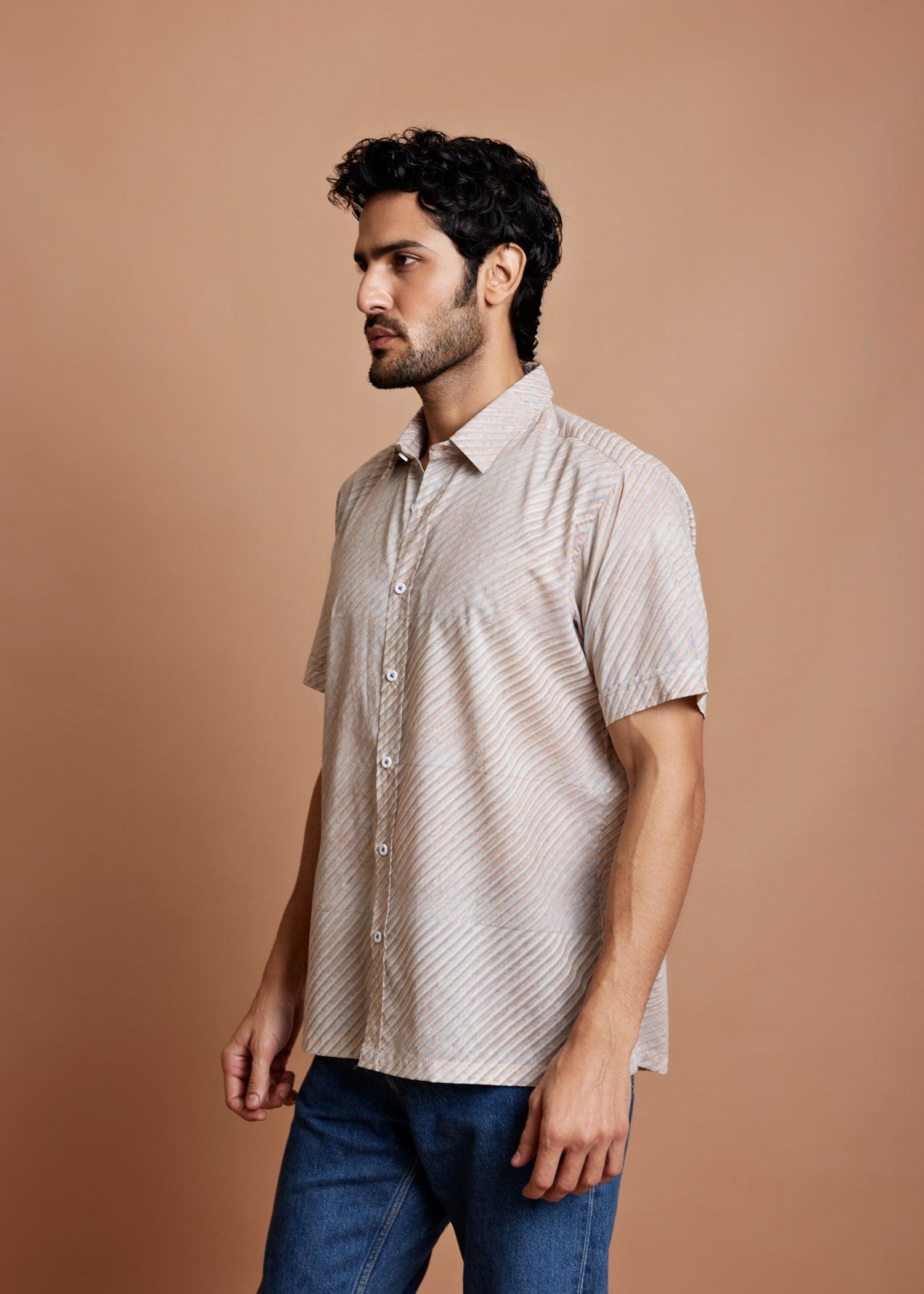 Crème Blue & Brown Regular Cotton Half Sleeve Shirt Ratan Texprocess Pvt. Ltd