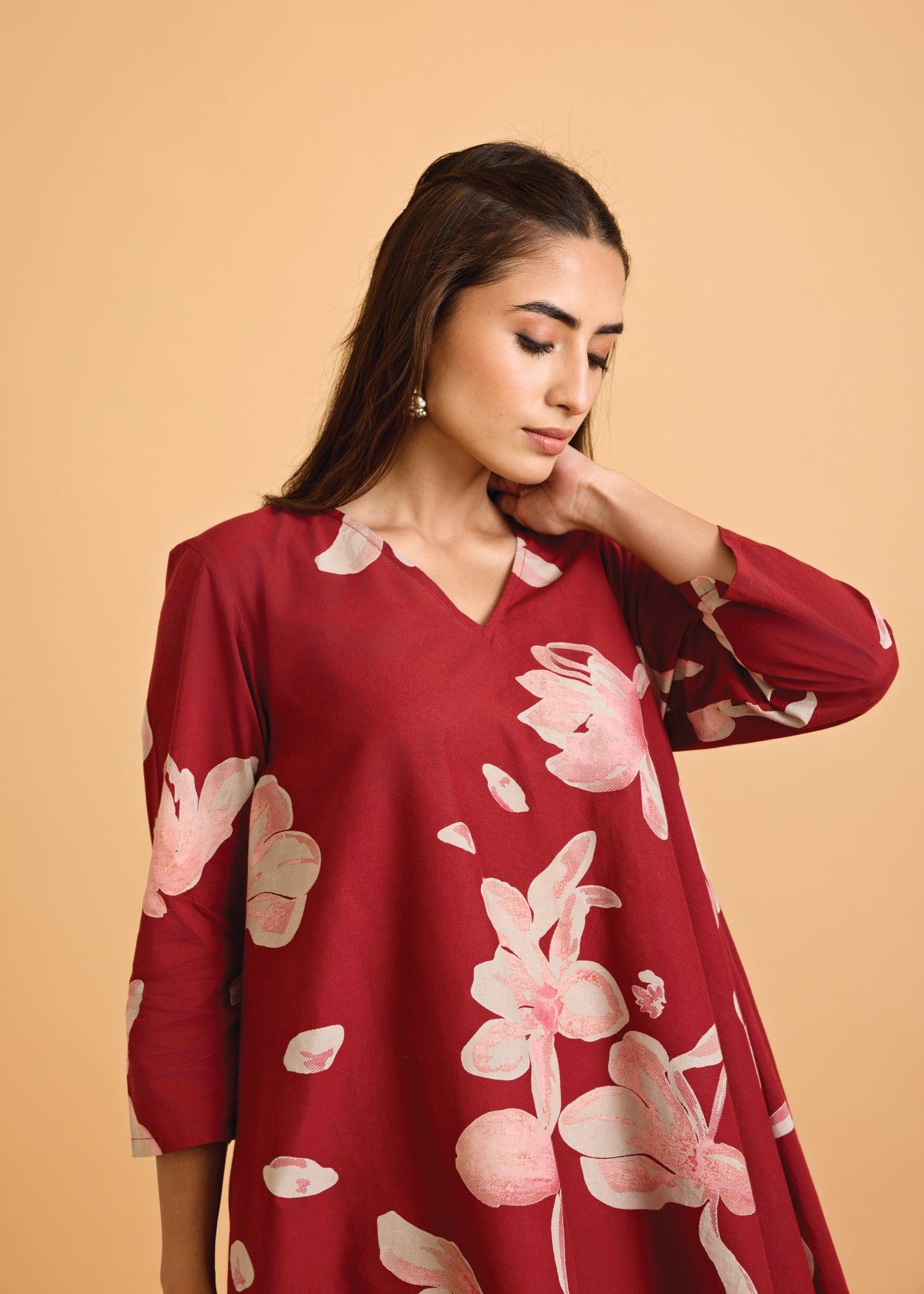 Maroon Flared Cotton Zubeida Tunic Set Ratan Texprocess Pvt. Ltd