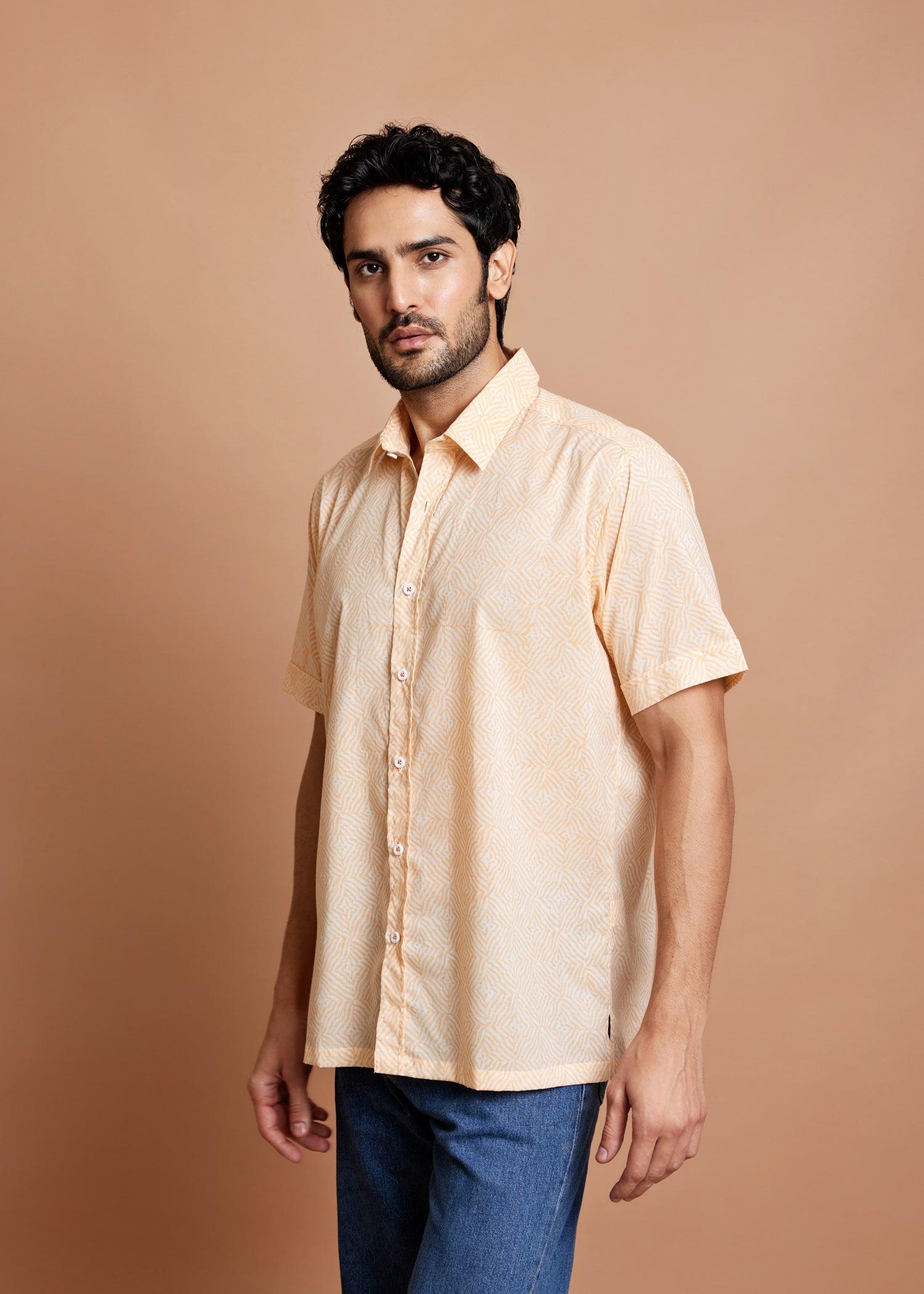 Crème & Orange Regular Cotton Half Sleeve Shirt Ratan Texprocess Pvt. Ltd